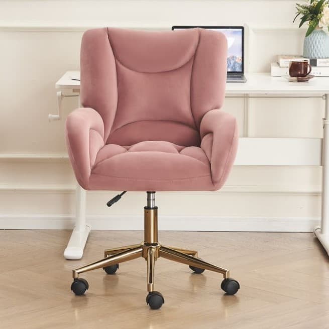 Height-Adjustable Velvet Swivel Chair with Universal Wheels, Metal Base, Ideal for Indoor Office Spaces, 64L x 62W x 92.5-99H cm, Pink | Aosom.UK