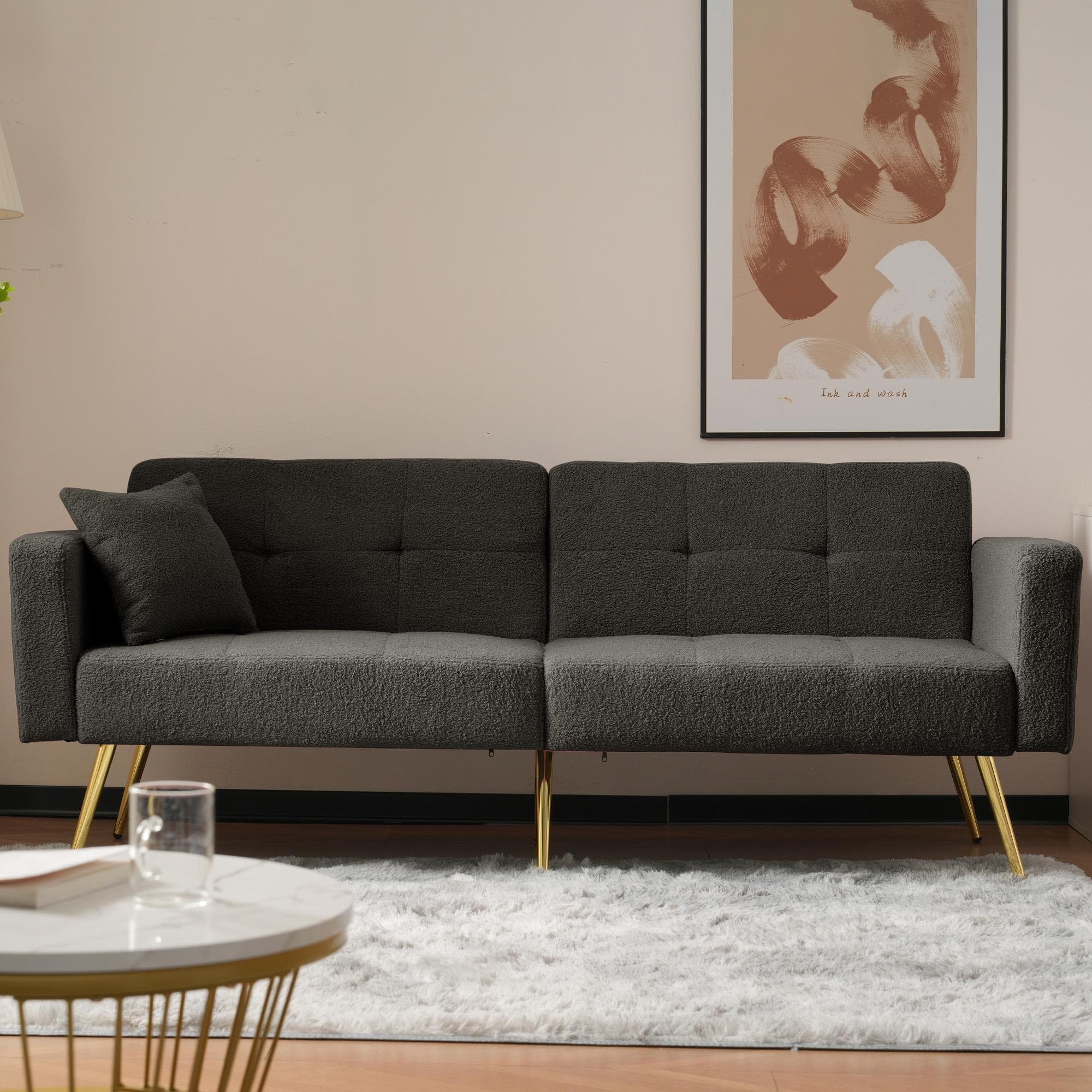 Modern Loveseat with Adjustable Backrest, Golden Legs, Side Pockets, Sherpa Fabric Convertible Sofa Bed, 176L x 64W x 75H cm, Dark Grey | Aosom.UK