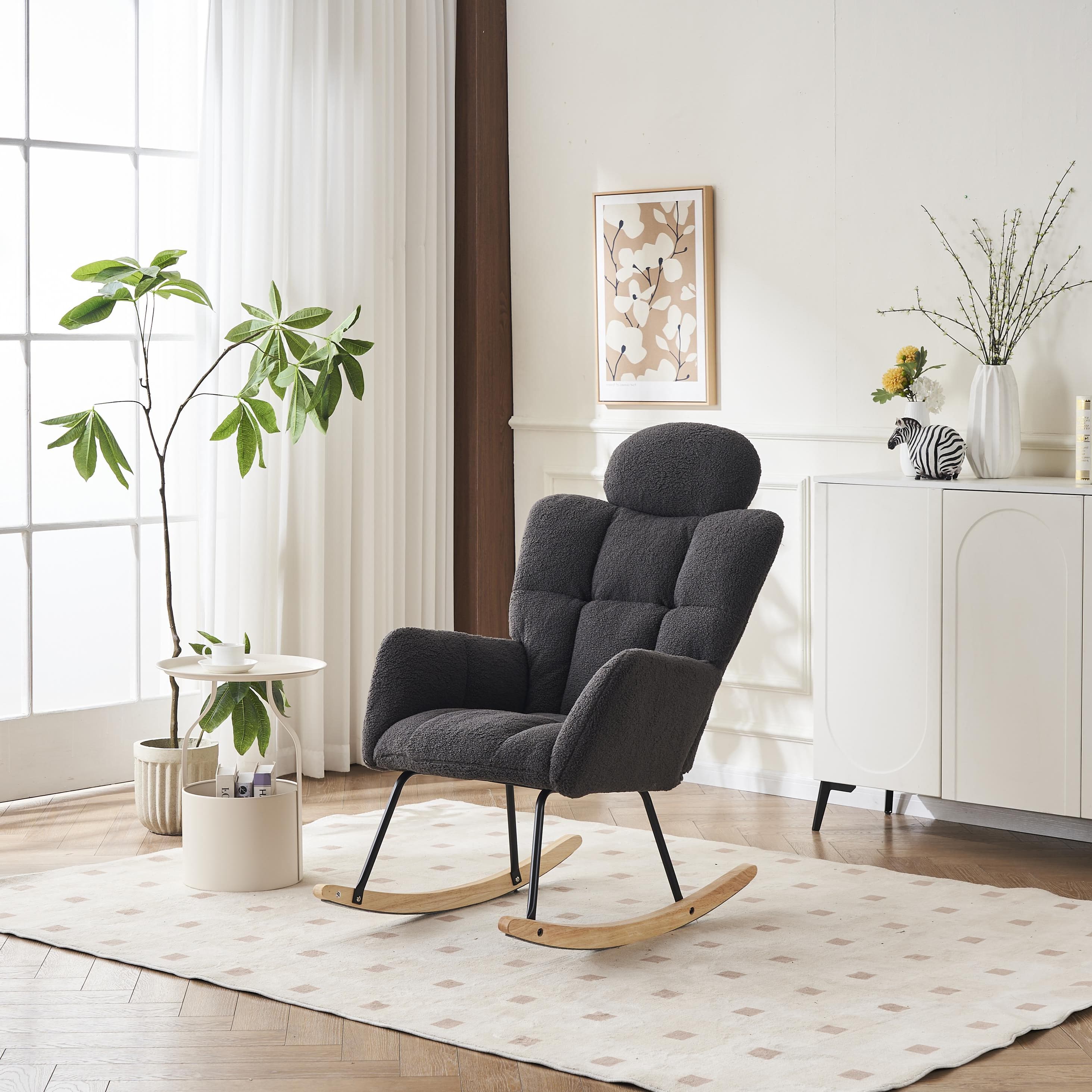 Teddy Fabric Accent Chair with Tufted Seat, Painted Metal Base, Rocking Chair with Headrest and Backrest, 102L x 70W x 105H cm, Dark Grey | Aosom.UK