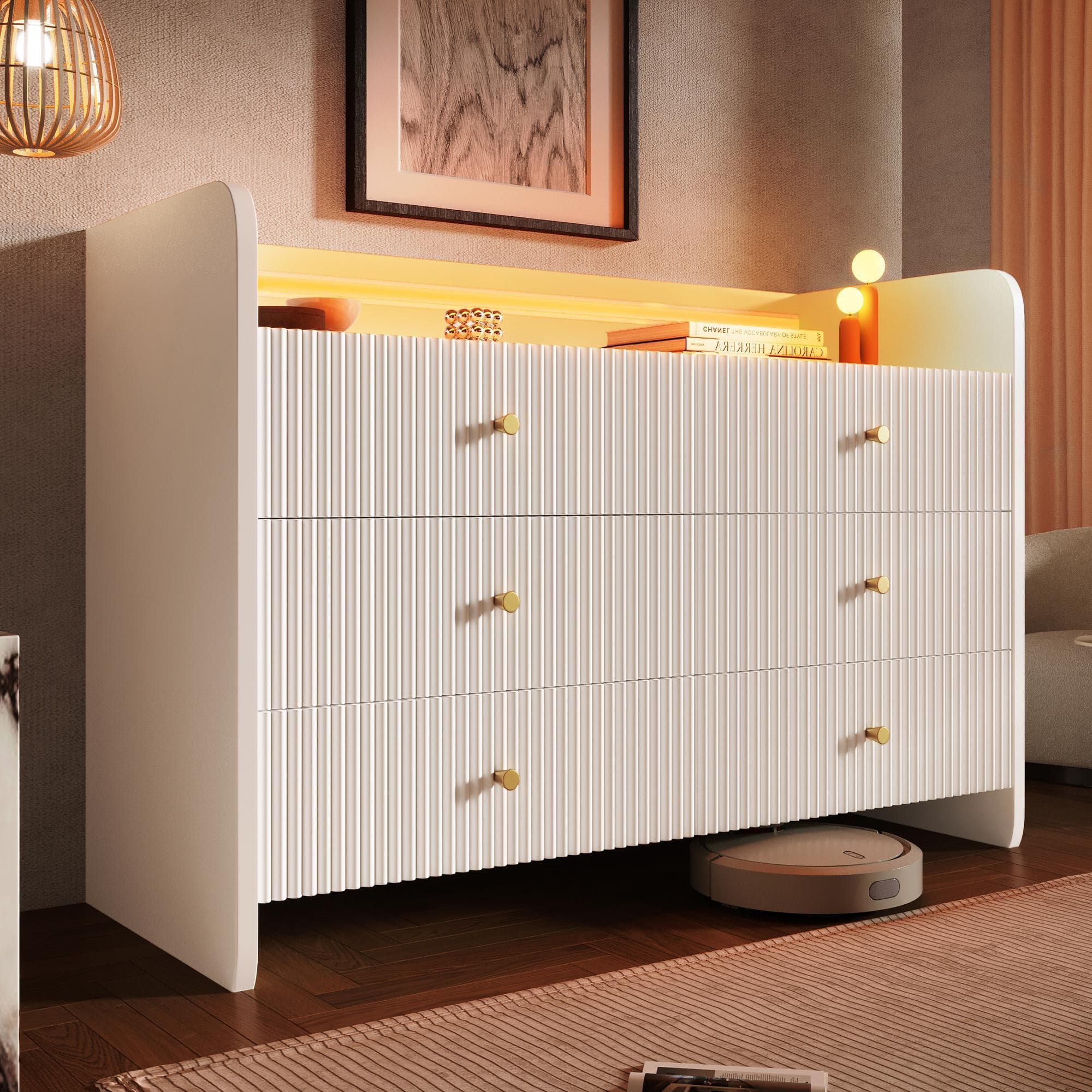 6-Drawer Sideboard with RGB LED Lighting, Fluted Design, Storage Cabinet for Bedroom, Living Room, Dining Room, 120L x 40W x 75H cm, White | Aosom.UK