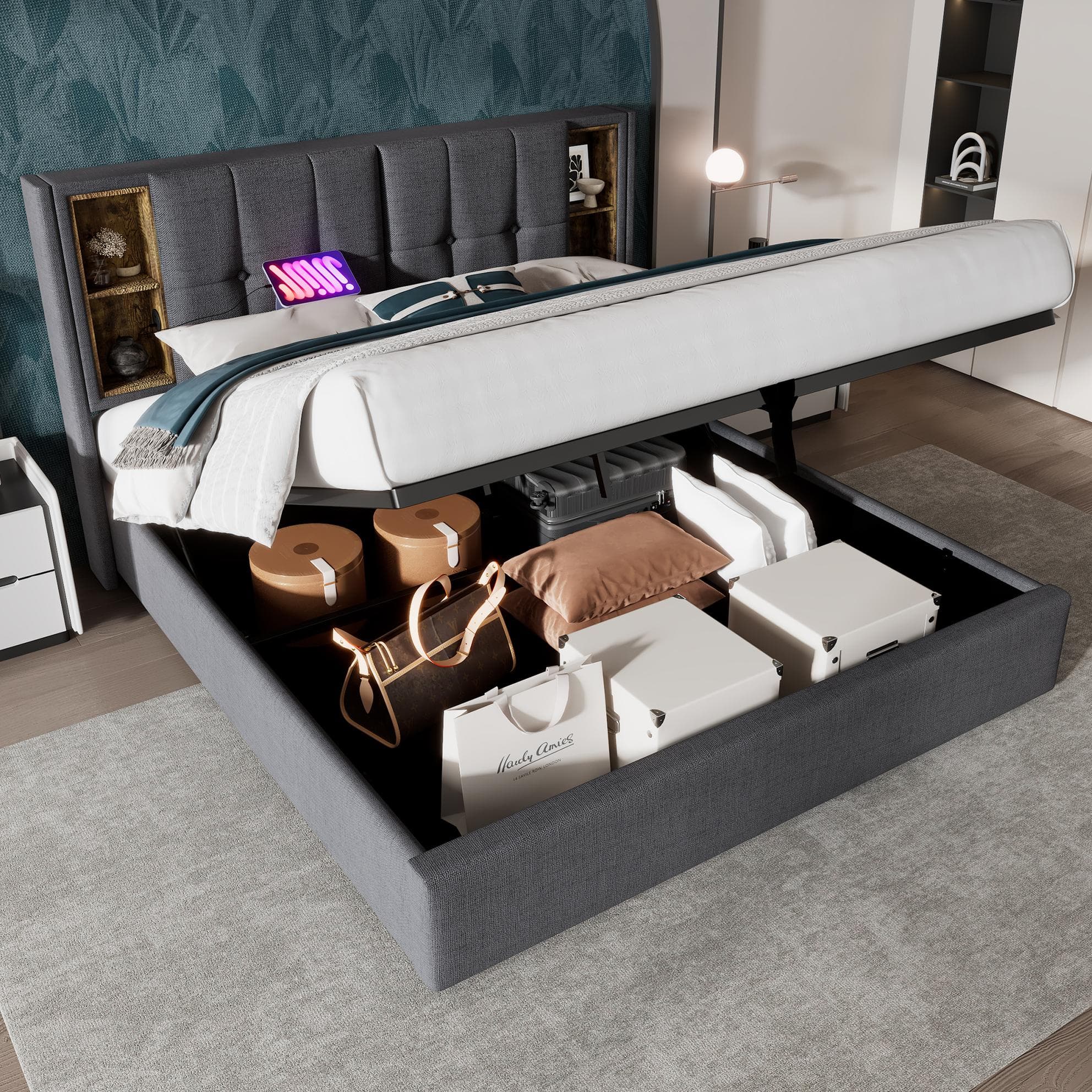 Super King Size Bed Frame with USB and Type-C Ports, Wireless Charging, Bedstead with Hydraulic Storage, 206L x 185W x 100.5H cm, Grey | Aosom.UK
