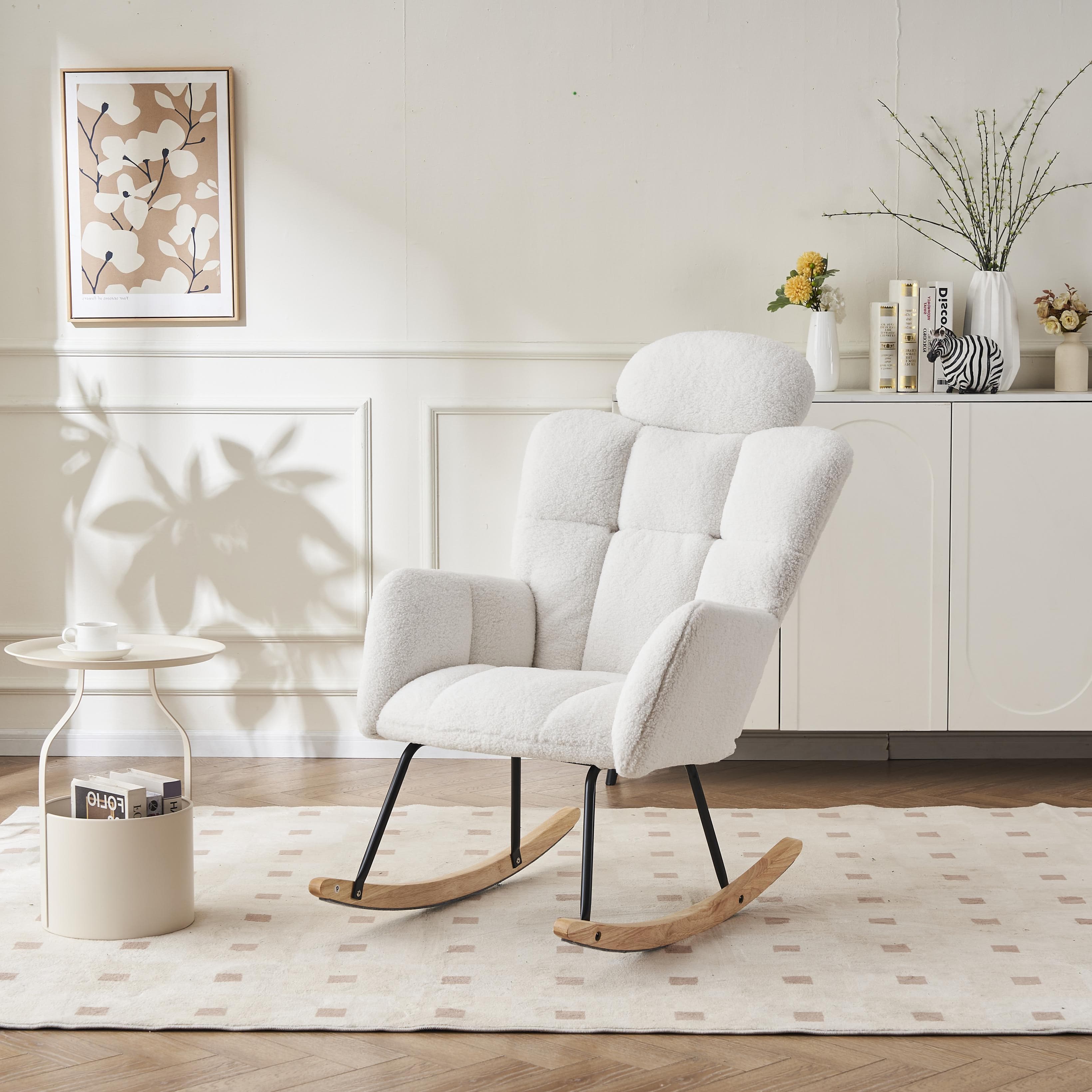 Teddy Fabric Rocking Chair with Tufted Upholstery, Padded Seat, Ergonomic Backrest, Ideal for Bedroom, Hallway, 102L x 70W x 105H cm, White | Aosom.UK