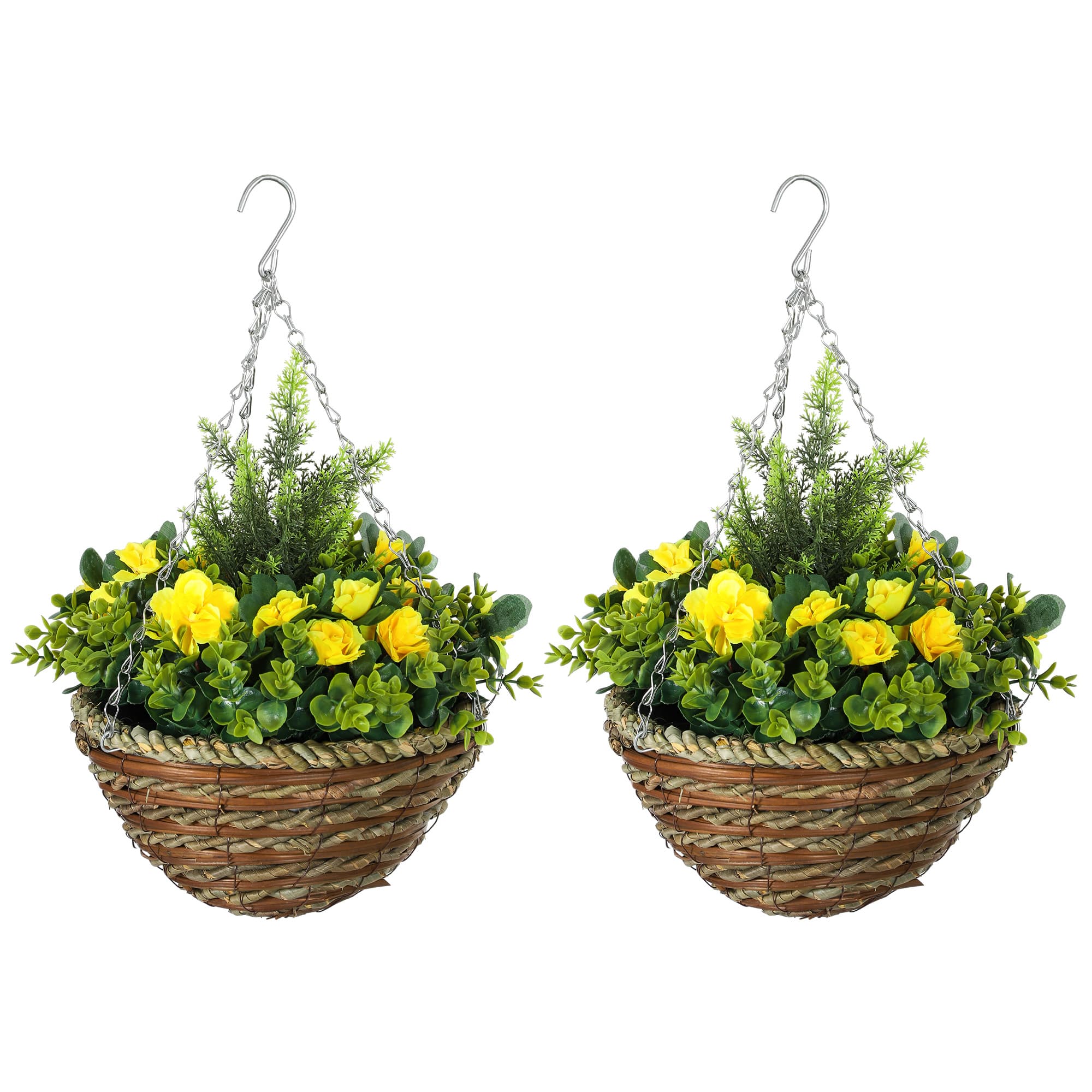 Outsunny Pack of 2 Faux Plant Artificial Lisianthus Flowers Hanging Planter with Basket for Indoor Outdoor Decoration, Yellow