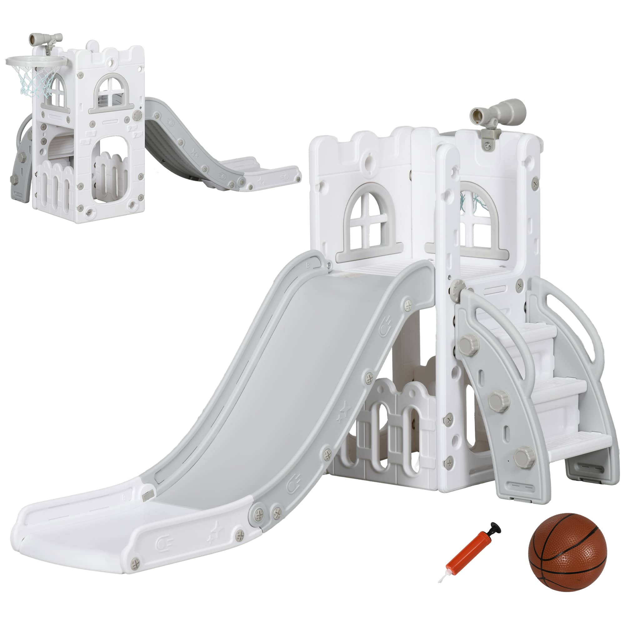 AIYAPLAY 4 in 1 Toddler Slide with Basketball Hoop, Climber, Telescope, Storage Basket, for Ages 1-3 Years, Grey