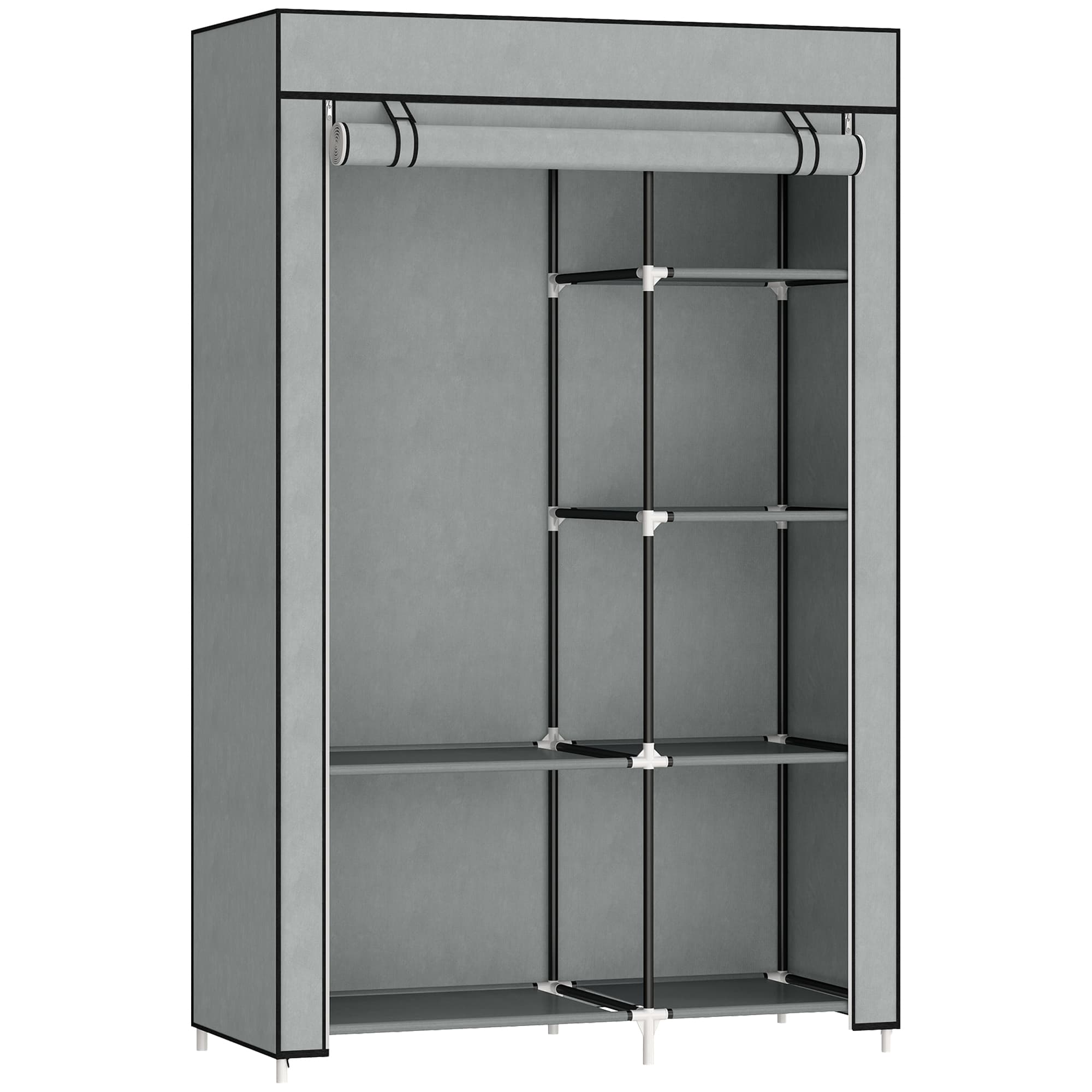 HOMCOM Fabric Wardrobe, Portable Wardrobe with 6 Shelves, 1 Hanging Rail, Foldable Closets, 103 x 43 x 162.5 cm, Light Grey | Aosom UK