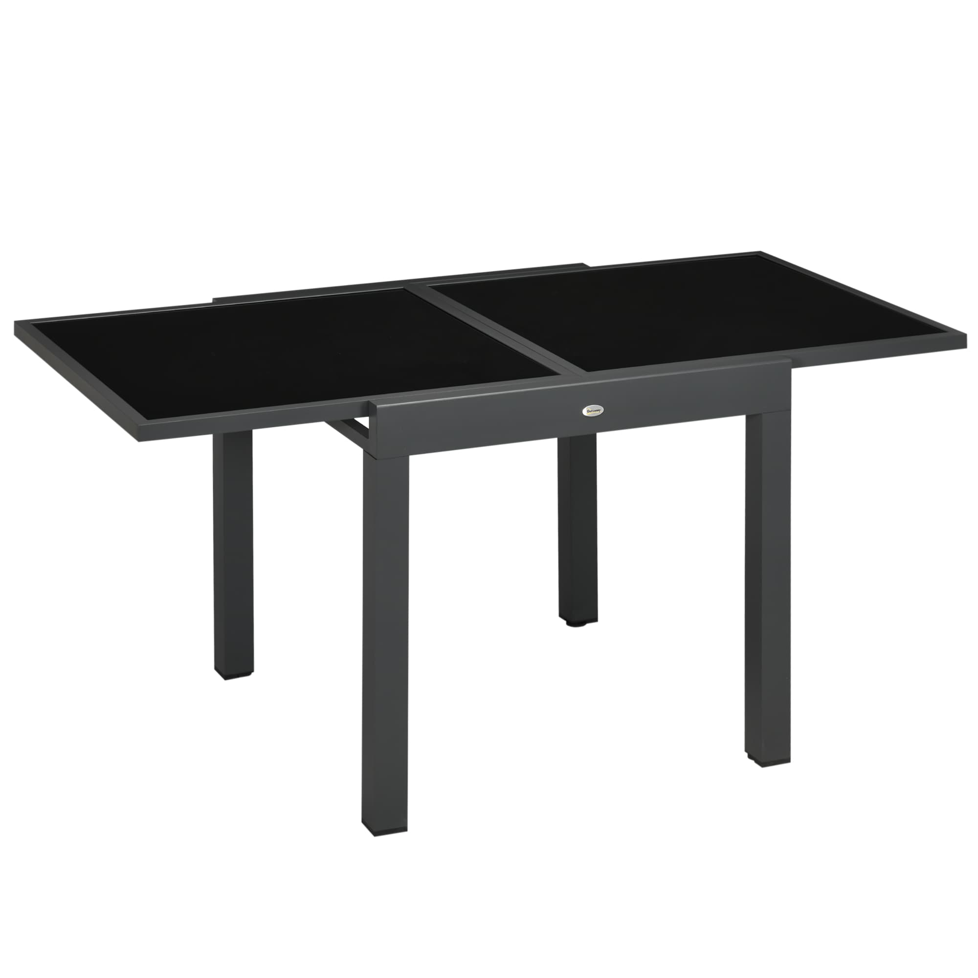 Outsunny Space-Saving Extending Garden Dining Table, Garden Table with Aluminium Frame & Tempered Glass Top, 80/160 x 80 x 75 cm, Black | Aosom UK