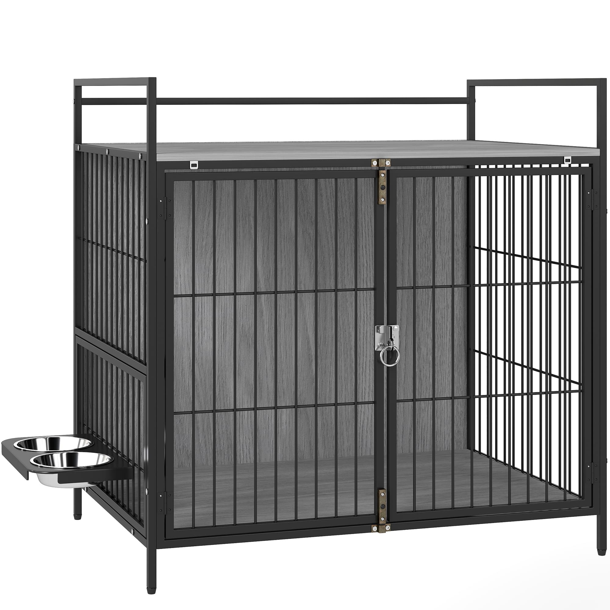 PawHut Dog Crate Furniture,  Indoor Dog Kennel with Rotating Bowl Holder & 2 Doors, for Medium Dogs, 80 x 56 x 76.5 cm, Grey | Aosom UK