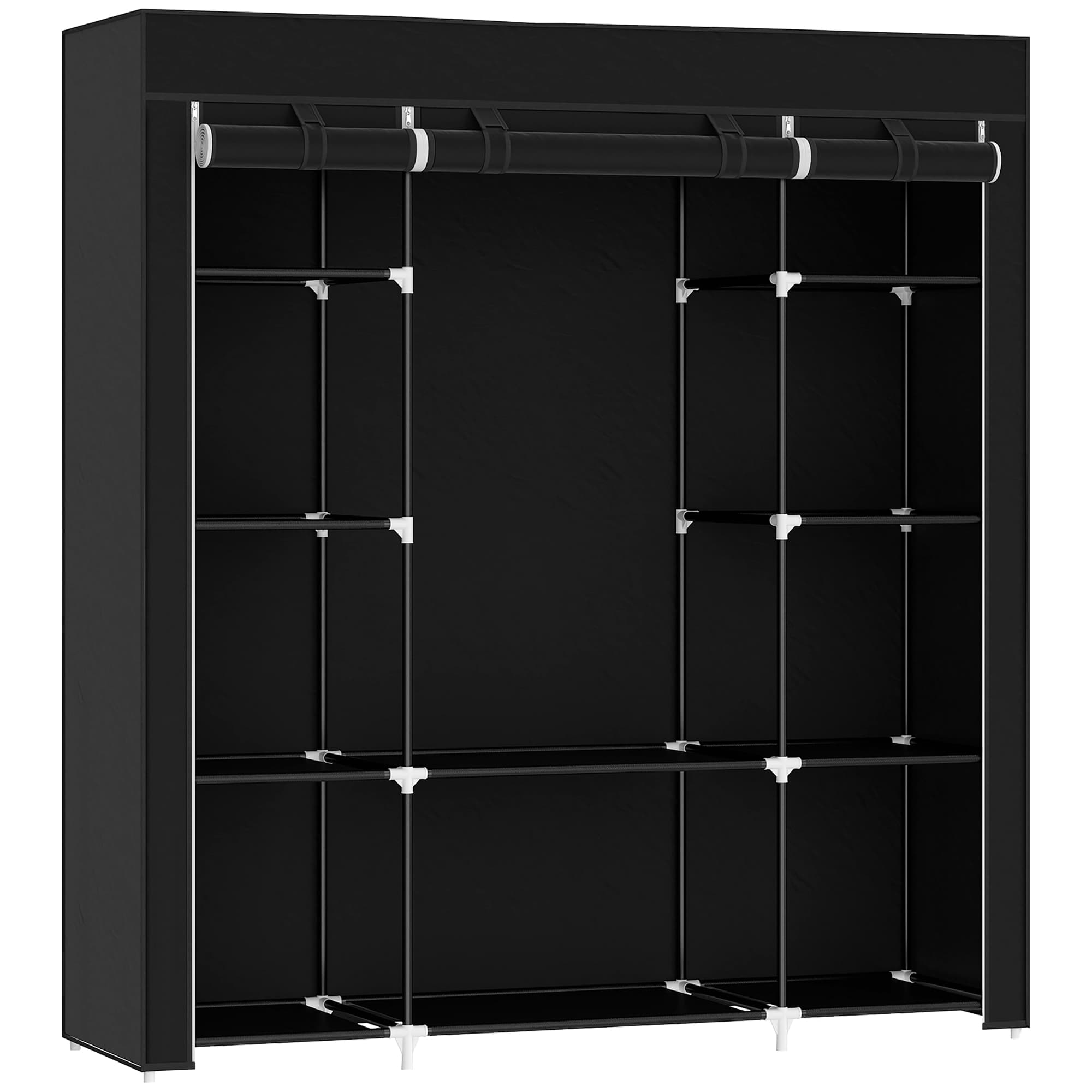 HOMCOM Portable Fabric Wardrobe with 10 Shelves, 1 Hanging Rail, Foldable Closet Storage, 150 x 43 x 162.5 cm, Black | Aosom UK