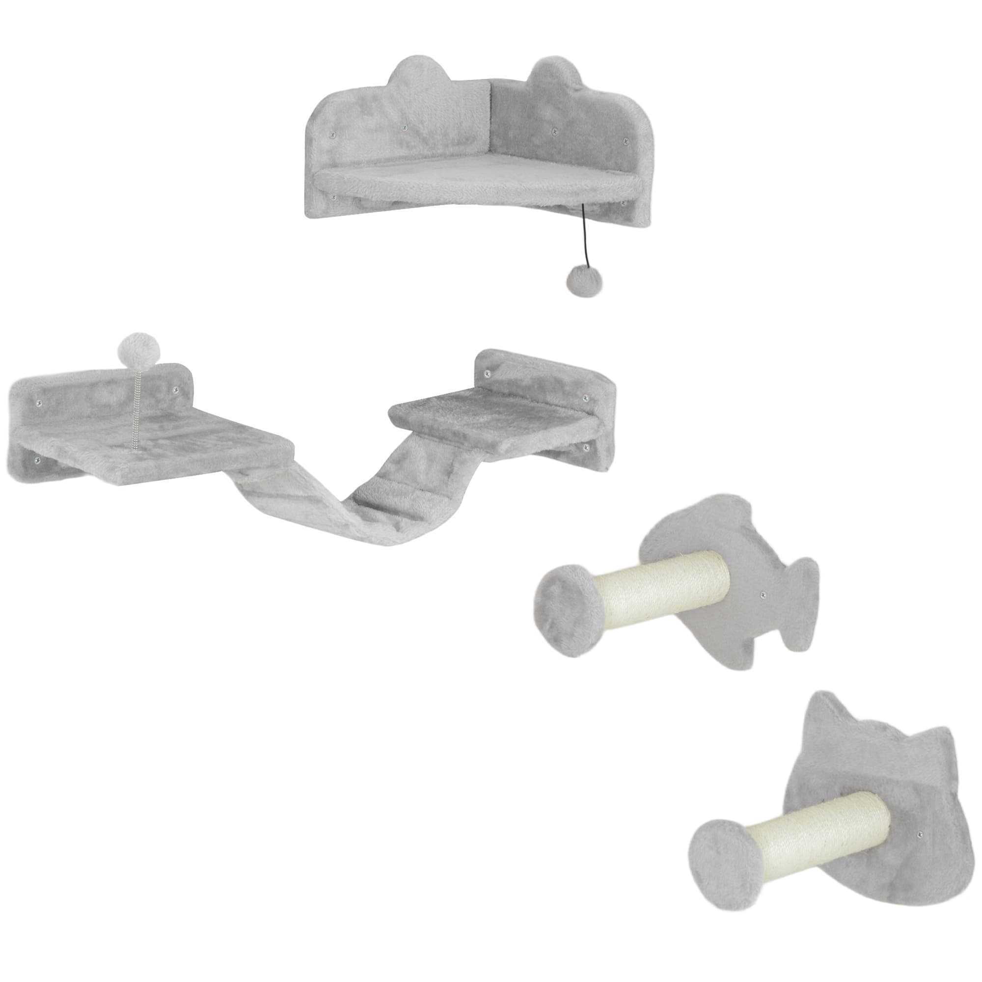 PawHut 4PCs Cat Wall Shelves with Steps, Ladder, Jumping Platforms, Light Grey | Aosom UK