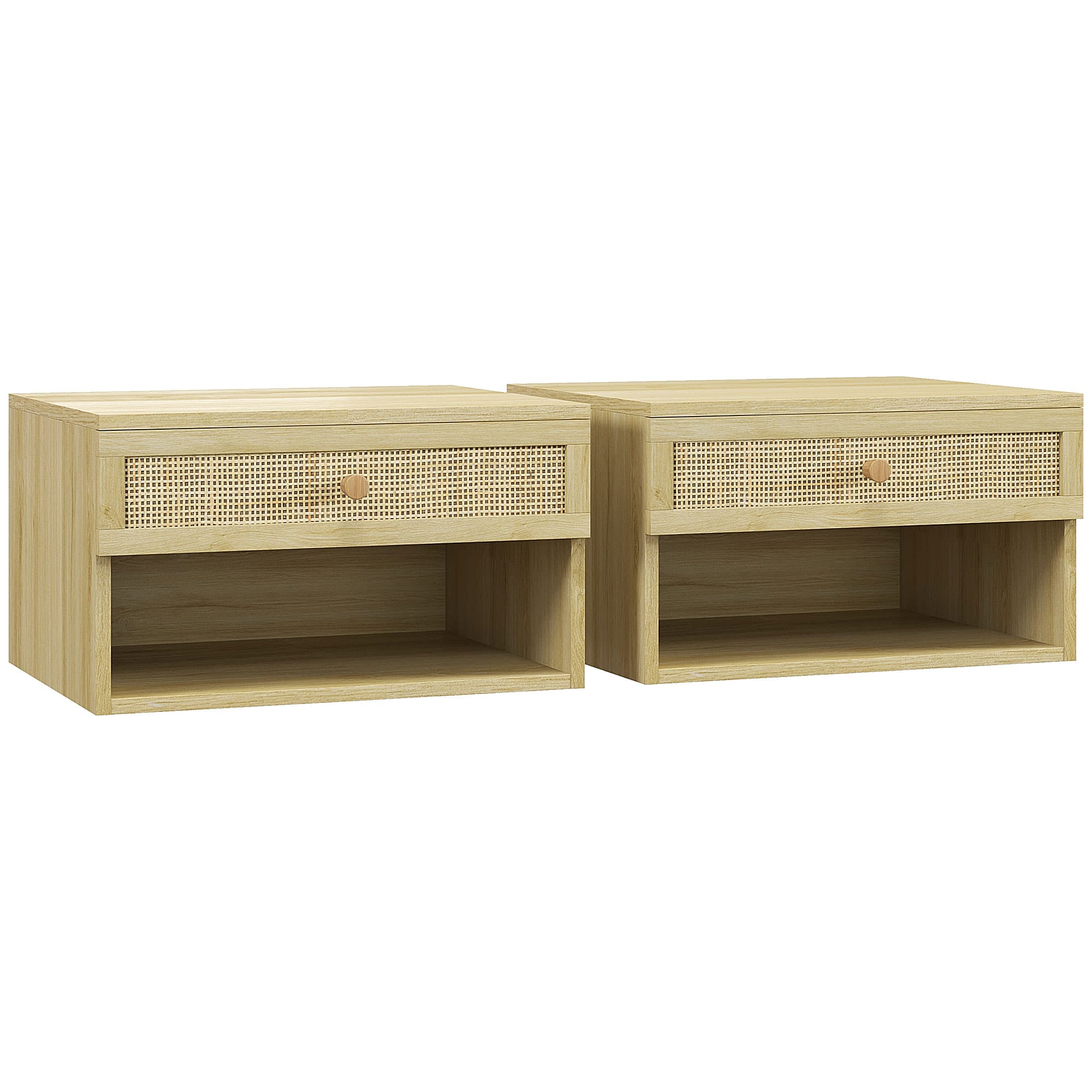 HOMCOM Set of Two Rattan Panel Floating Bedside Tables - Wood-Effect | Aosom UK