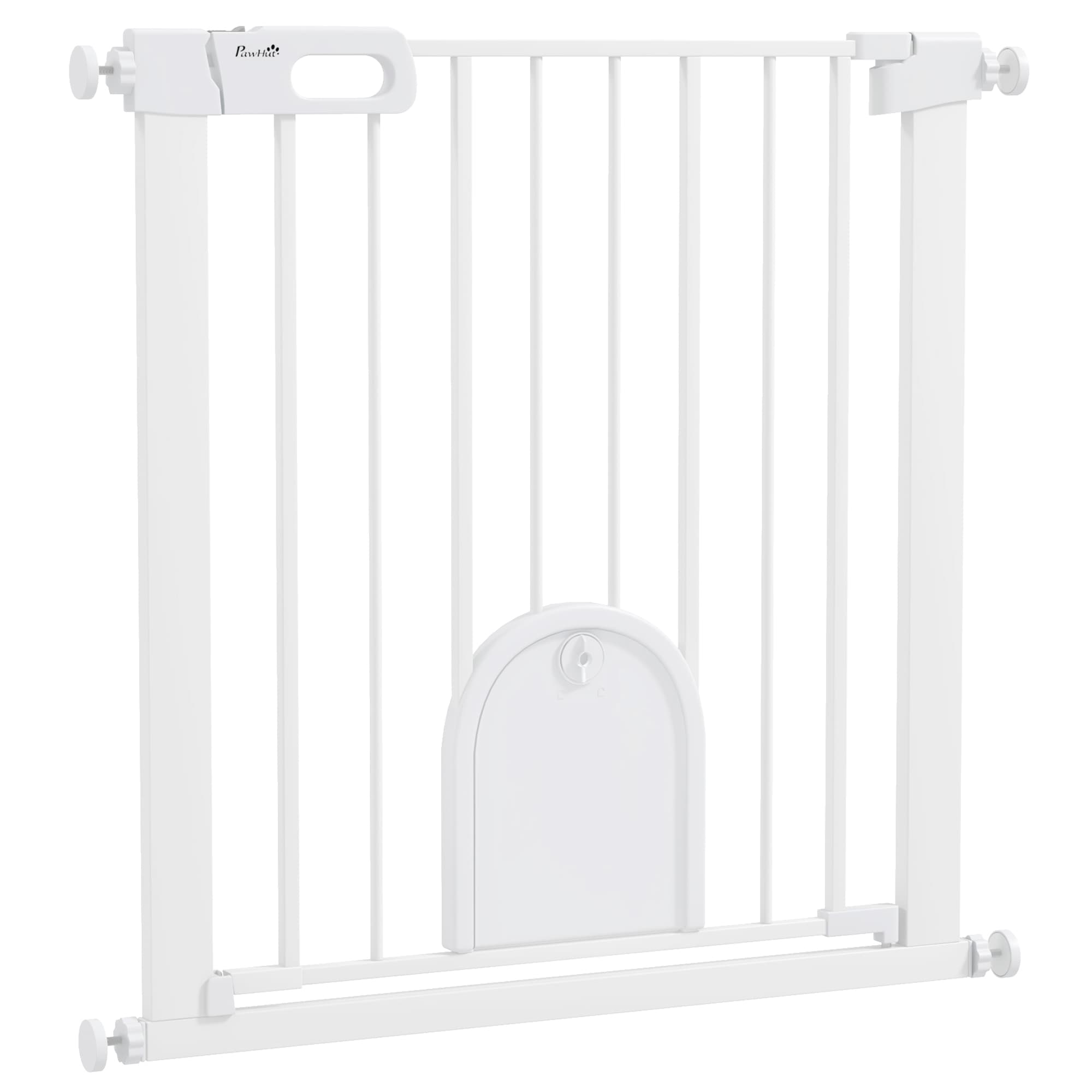 PawHut 75-82cm Pet Safety Gate with Double Locking, Pressure Fit Stair with Cat Flat for Doorways, Hallways, White | Aosom UK