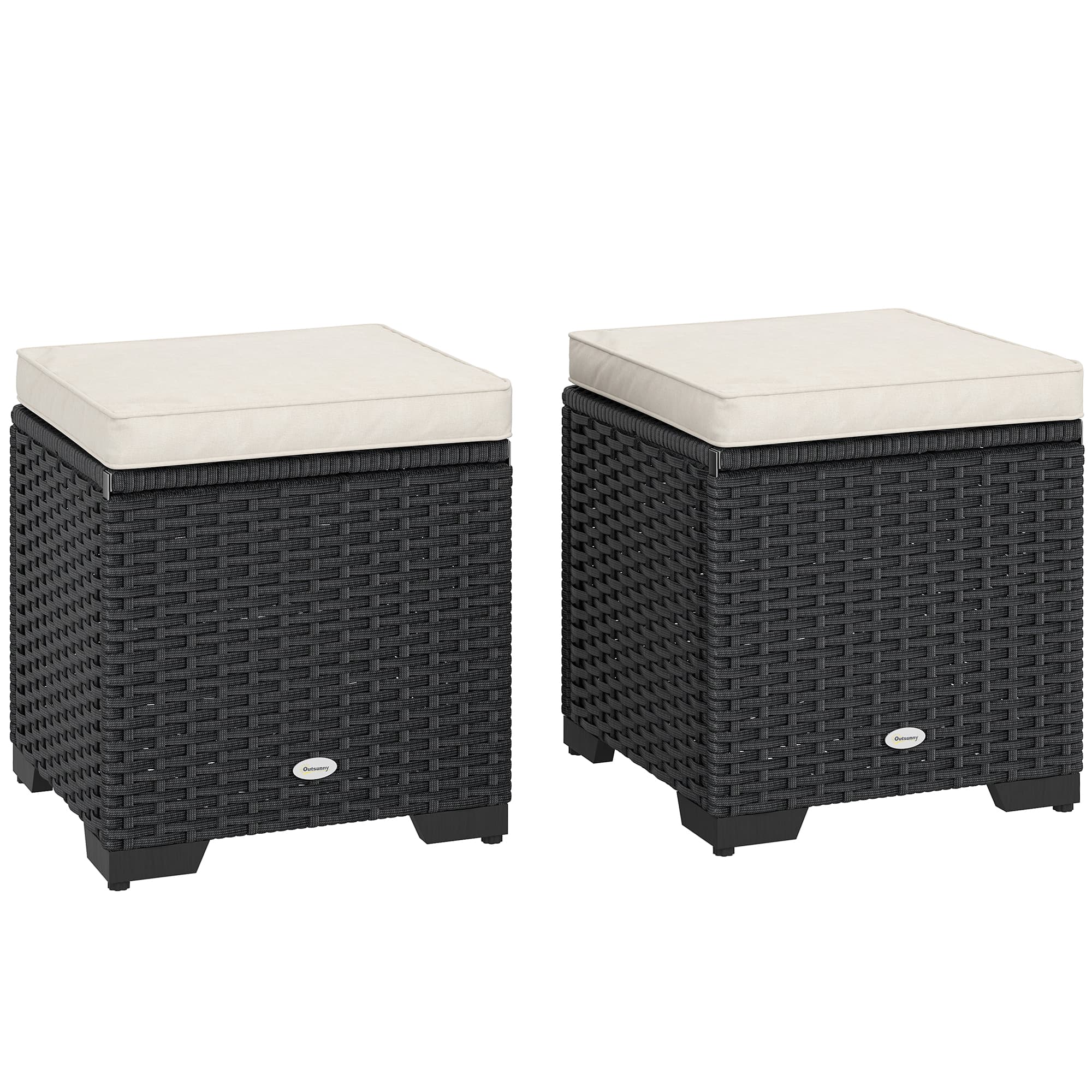 Outsunny Set of 2 Rattan Storage Ottoman, Outdoor Footstool with Removable Cushions, Garden Storage Seat for Balcony, Poolside, Living Room, Cream