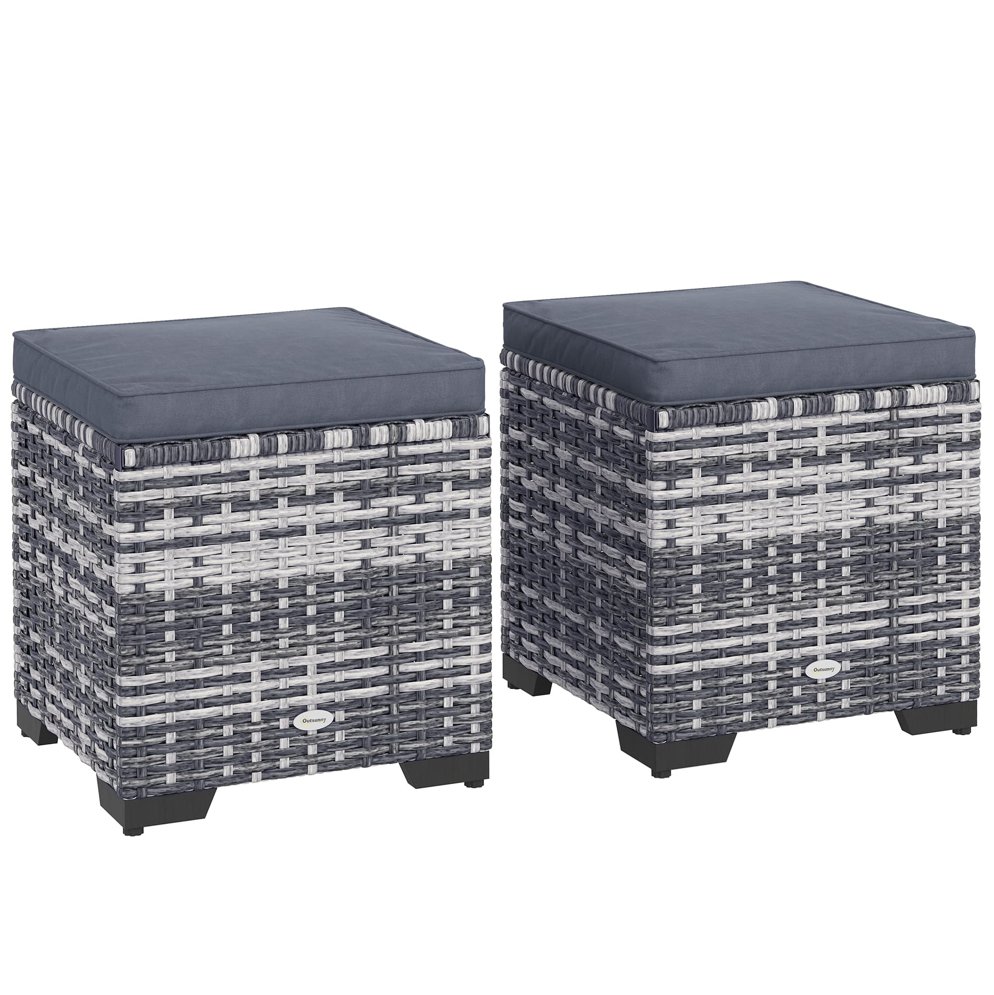 Outsunny Set of 2 Rattan Storage Ottoman, Outdoor Footstool with Removable Cushions, Garden Storage Seat for Balcony, Poolside, Living Room, Dark Grey
