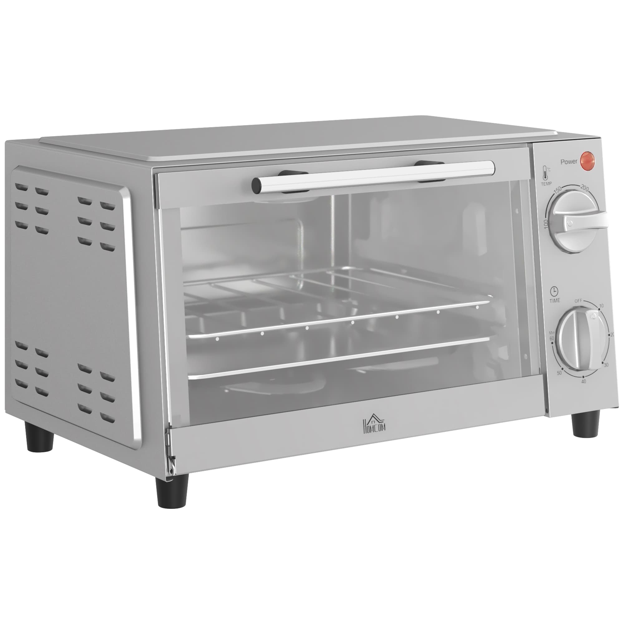 HOMCOM Mini Oven, 9L Countertop Electric Grill, Toaster Oven with Adjustable Temperature, Timer, Baking Tray and Wire Rack, 750W, Silver | Aosom UK