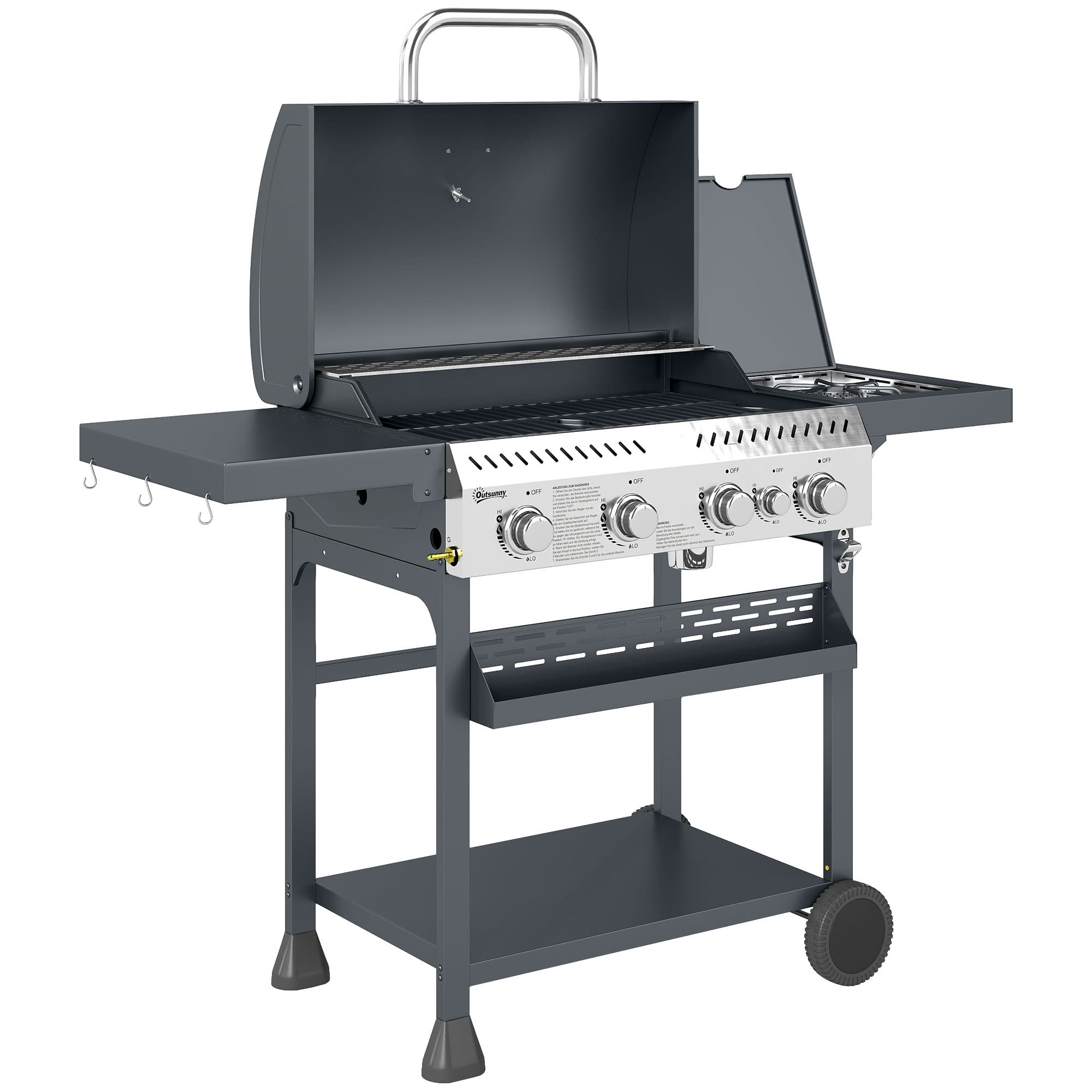 Outsunny Galvanised Steel 3+1 Gas Burner BBQ Grill Trolley, Black | Aosom UK thumbnail 2
