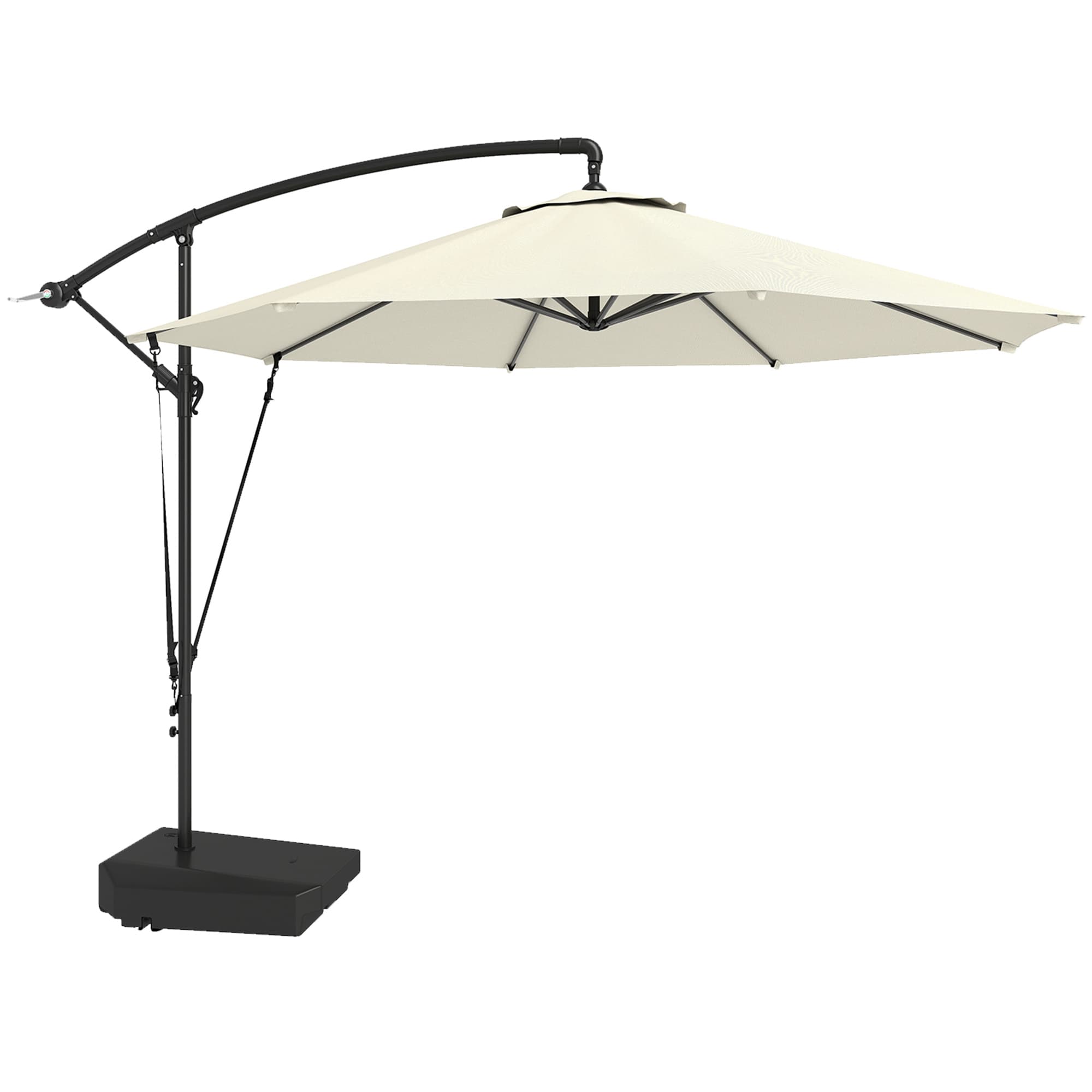 Outsunny 3(m) Garden Cantilever Parasol with Fillable Base, Wind Protection Strap, Cover, Round Banana Hanging Umbrella with Crank Handle and Tilt, Patio Umbrella for Outdoor Sun Shade, UPF50+, Cream