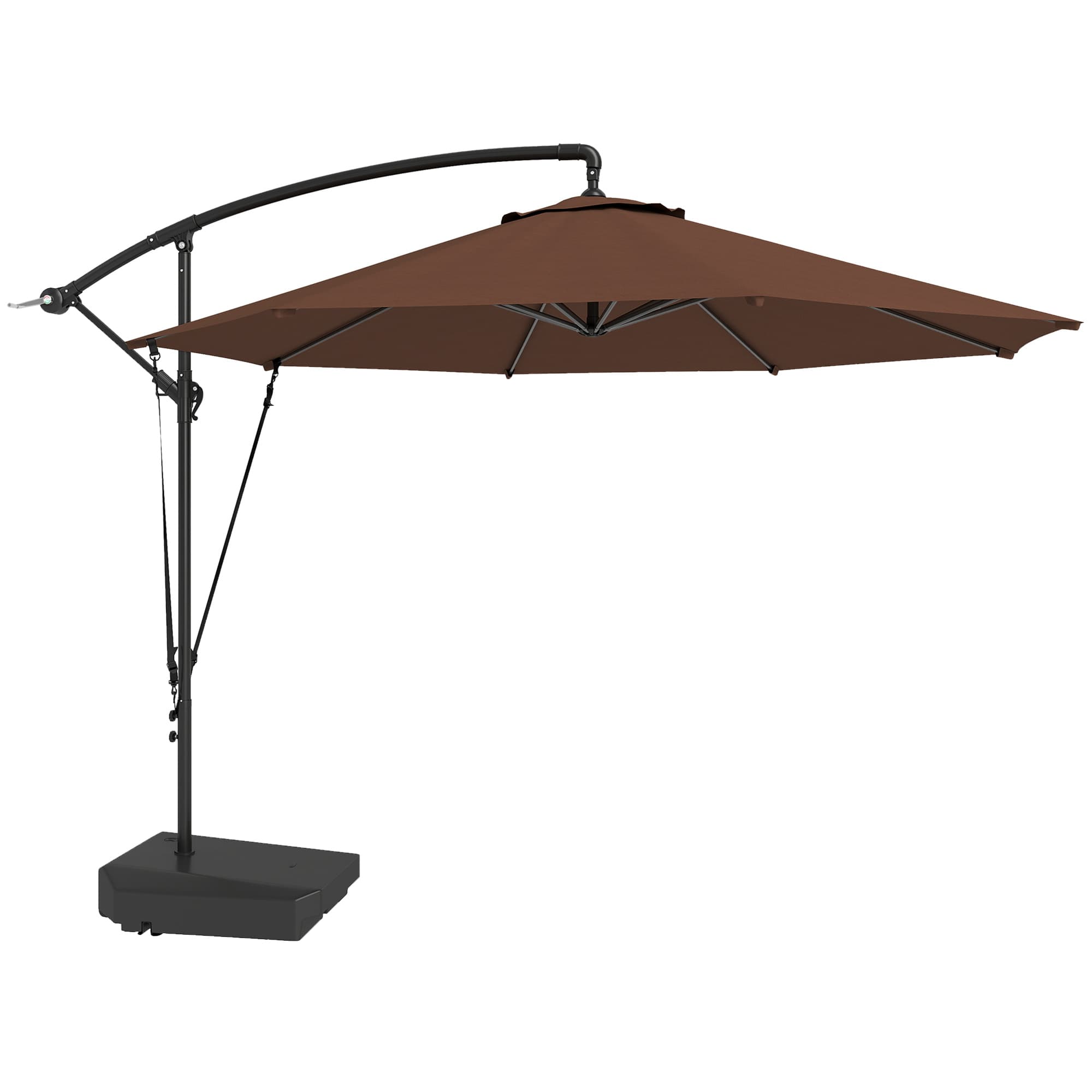 Outsunny 3(m) Garden Cantilever Parasol with Fillable Base, Wind Protection Strap, Cover, Round Banana Hanging Umbrella with Crank Handle and Tilt, Patio Umbrella for Outdoor Sun Shade, UPF50+, Brown