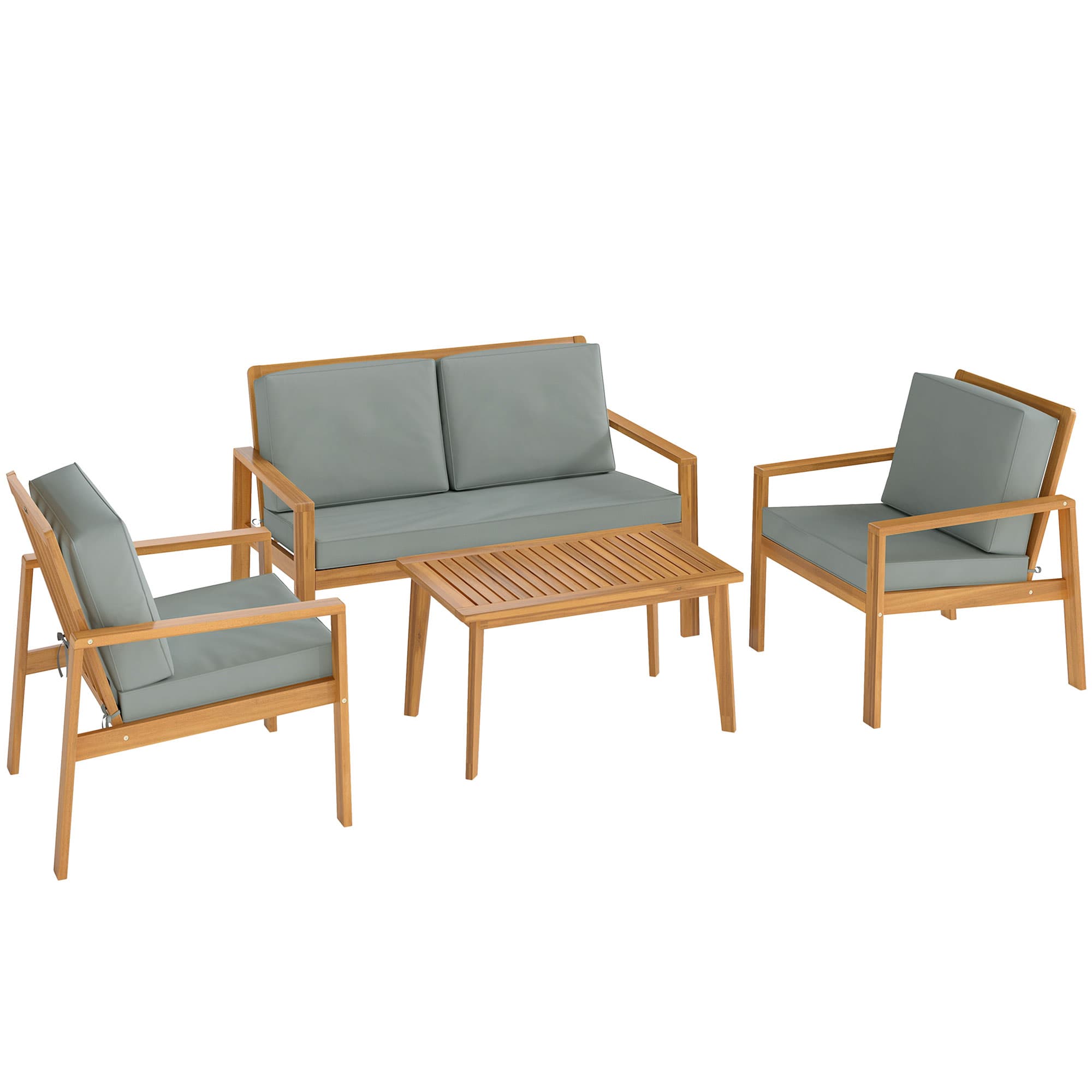 Outsunny 4-Piece Wooden Garden Table and Chairs with 100% Acacia Wood Garden Furniture Set with Slatted Tabletop - Teak | Aosom UK