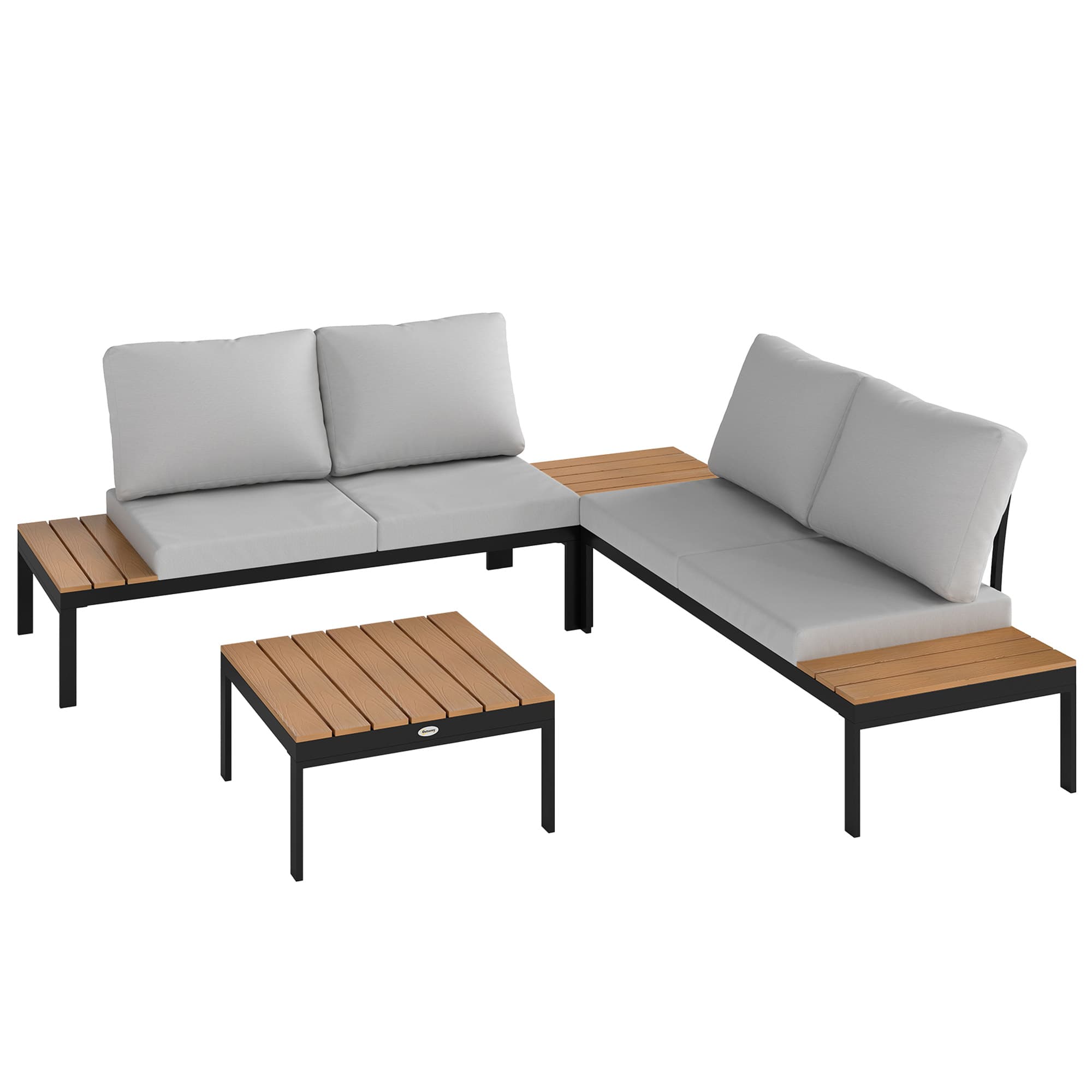 Outsunny Four-Piece Garden Corner Sofa Set with 2 Loveseats and 2 Coffee Tables - Teak | Aosom UK