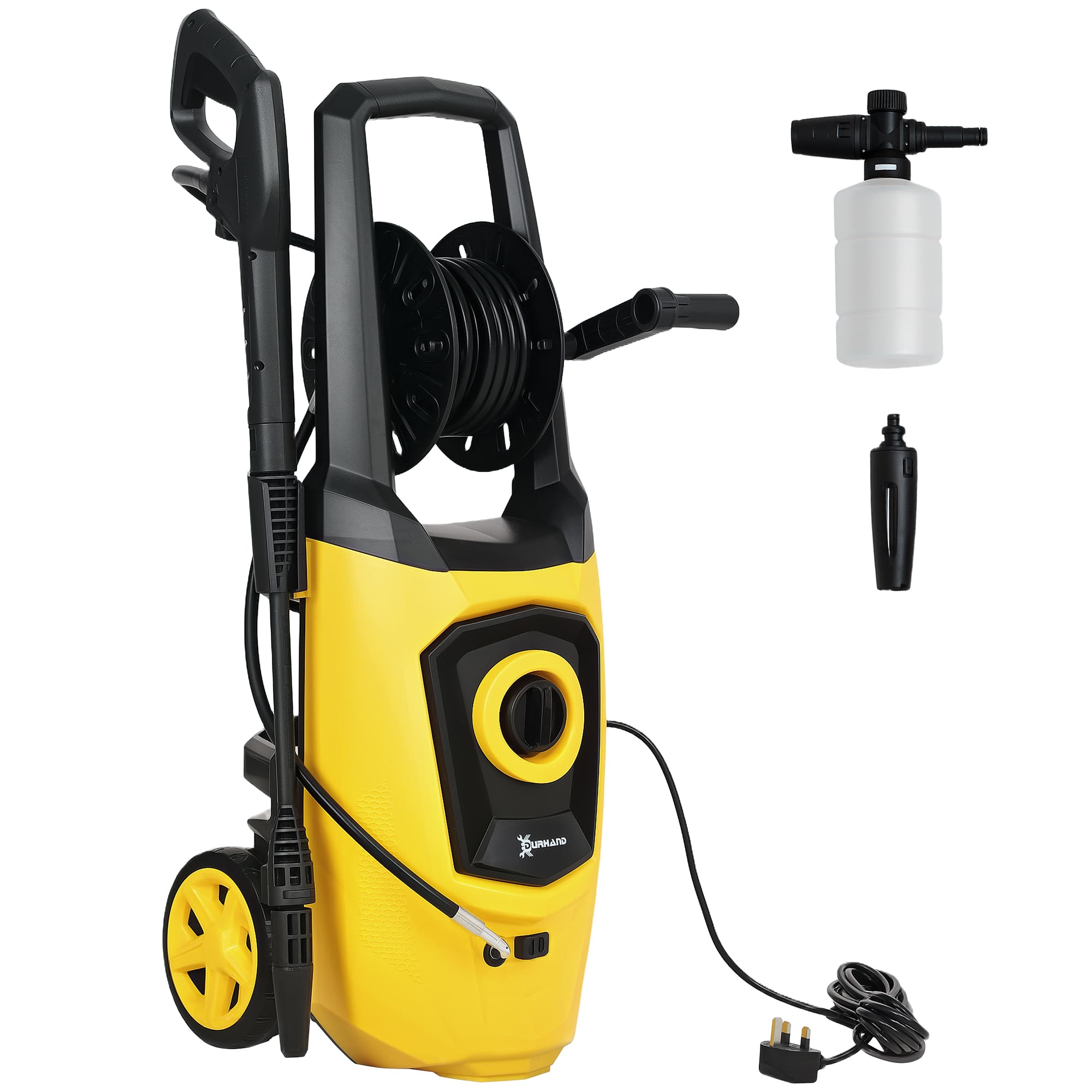 DURHAND 1800W High Pressure Washer, 150 Bar Pressure, High-Performance Portable Jet Wash Cleaner with Hose Reel for Garden, Car, Furniture, Yellow