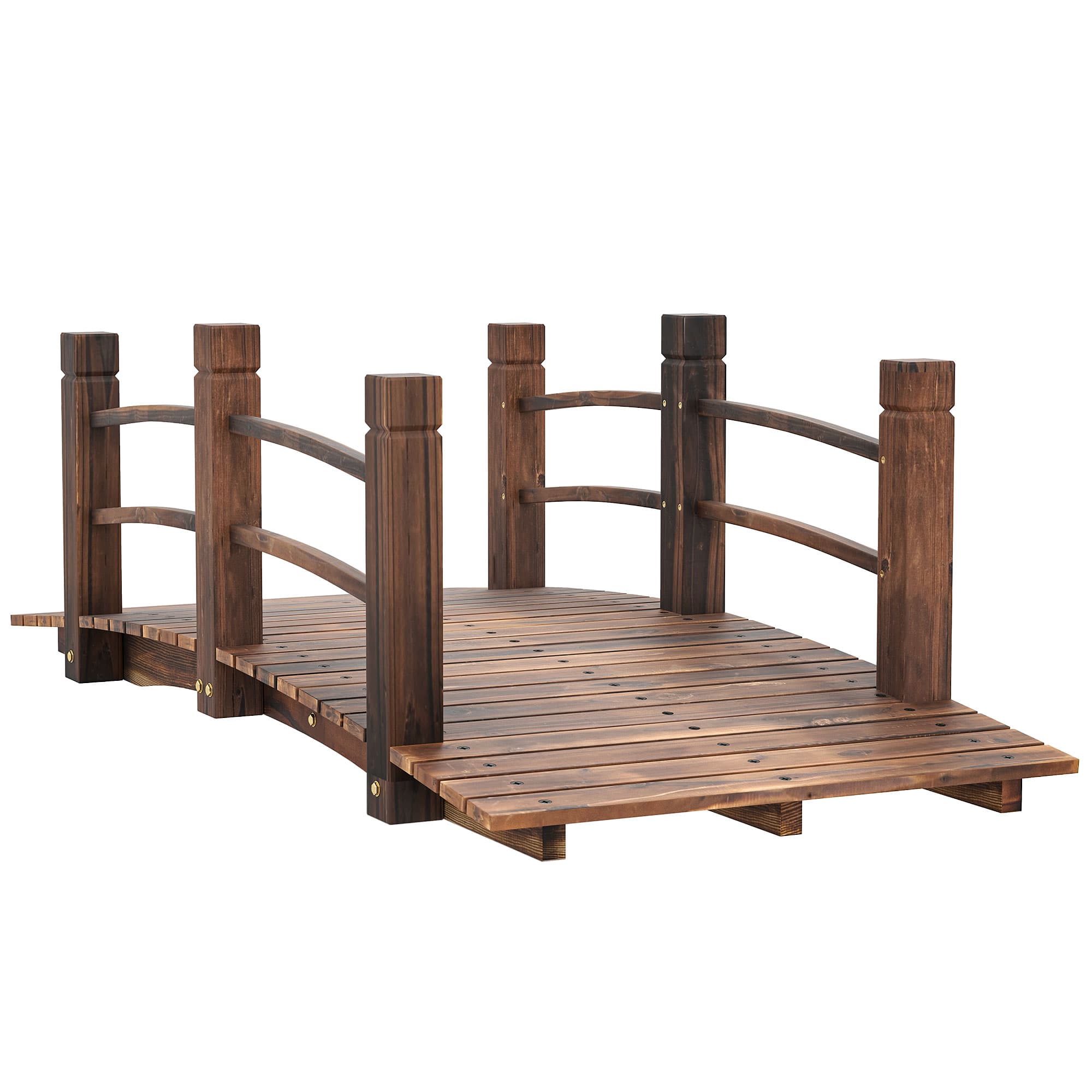 Outsunny Wooden Garden Bridge Stained Finish, Arc Outdoor Pond Walkway with Railings for Yard Decoration, 1.5M | Aosom UK