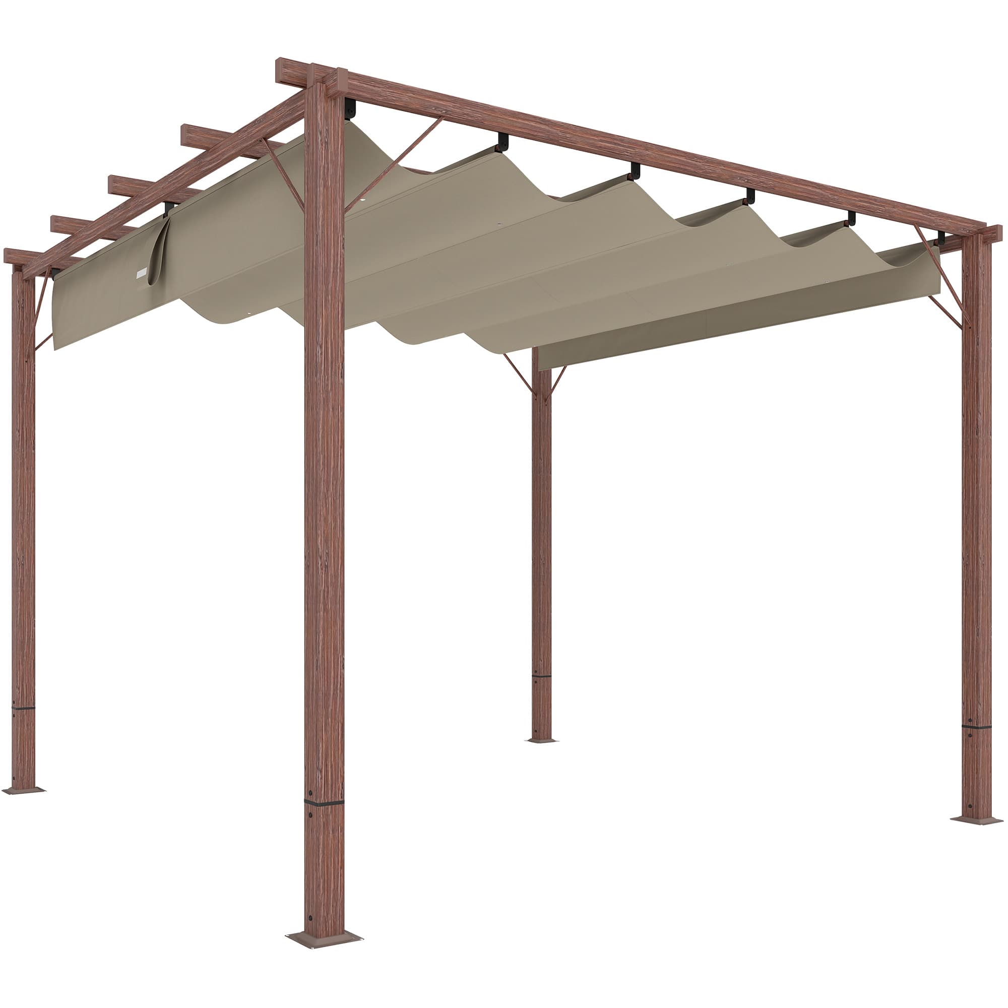 Outsunny 3x3m Retractable Roof Garden Pergola, Weatherproof Aluminium Frame Sun Shade Shelter with Natural Wood Grain Finish | Aosom UK