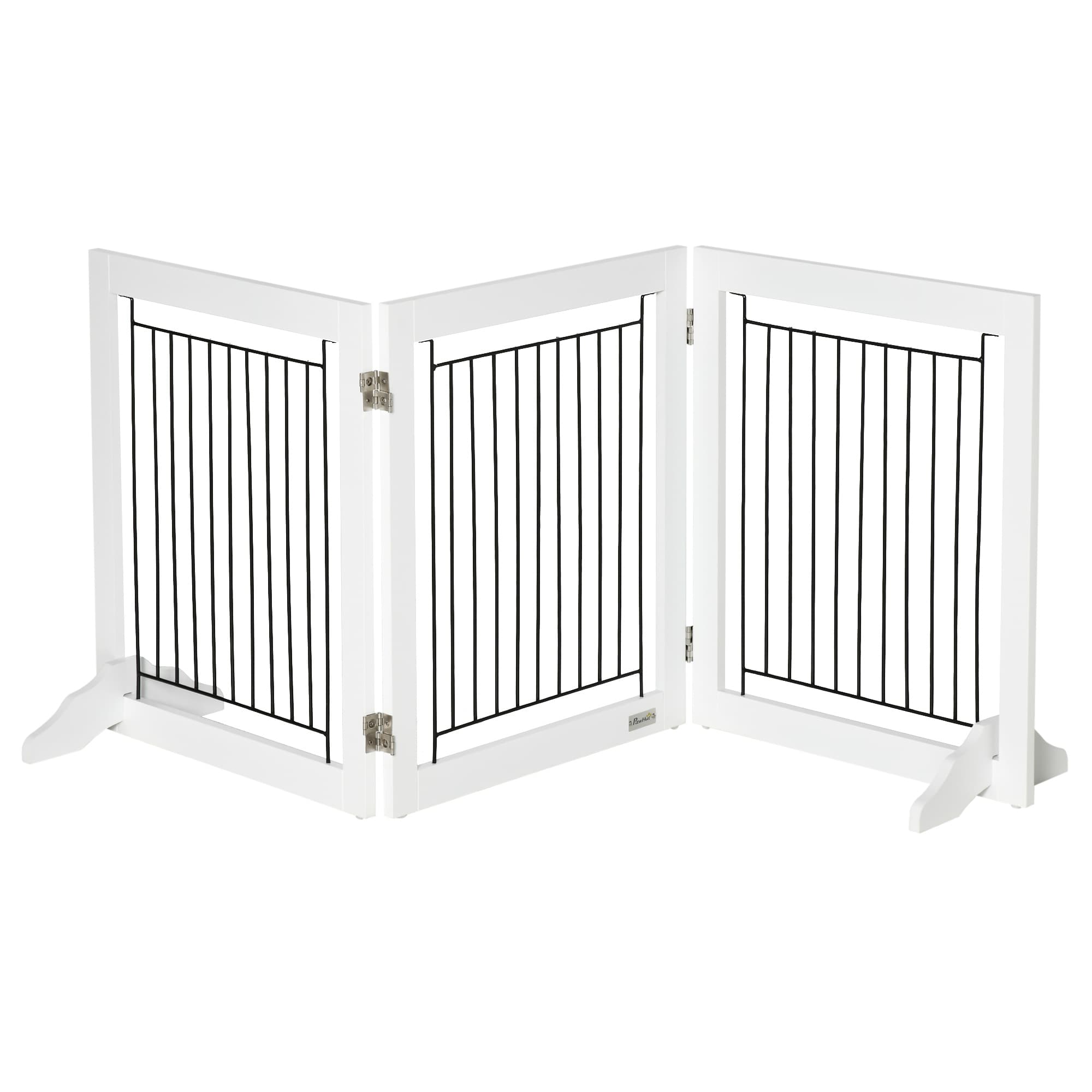 PawHut Dog Gate, Freestanding Pet Gate, Wooden Puppy Fence Foldable Design w/ 61 cm Height 3 Panels, 2 Support Feet, Doorway Stairs White | Aosom UK