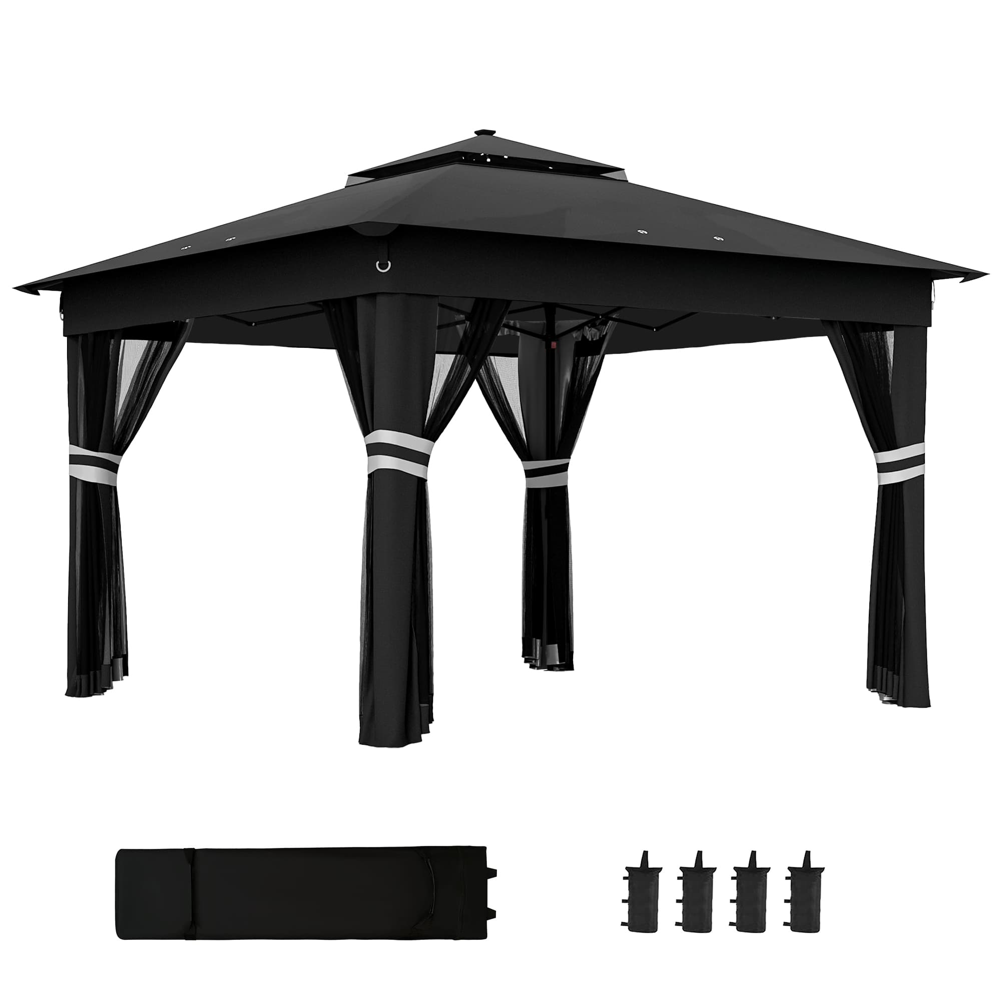 Outsunny 3 x 3(m) Pop Up Gazebo Party Tent with Solar-Powered LED Lights, Adjustable Event Shelter with Netting, Black