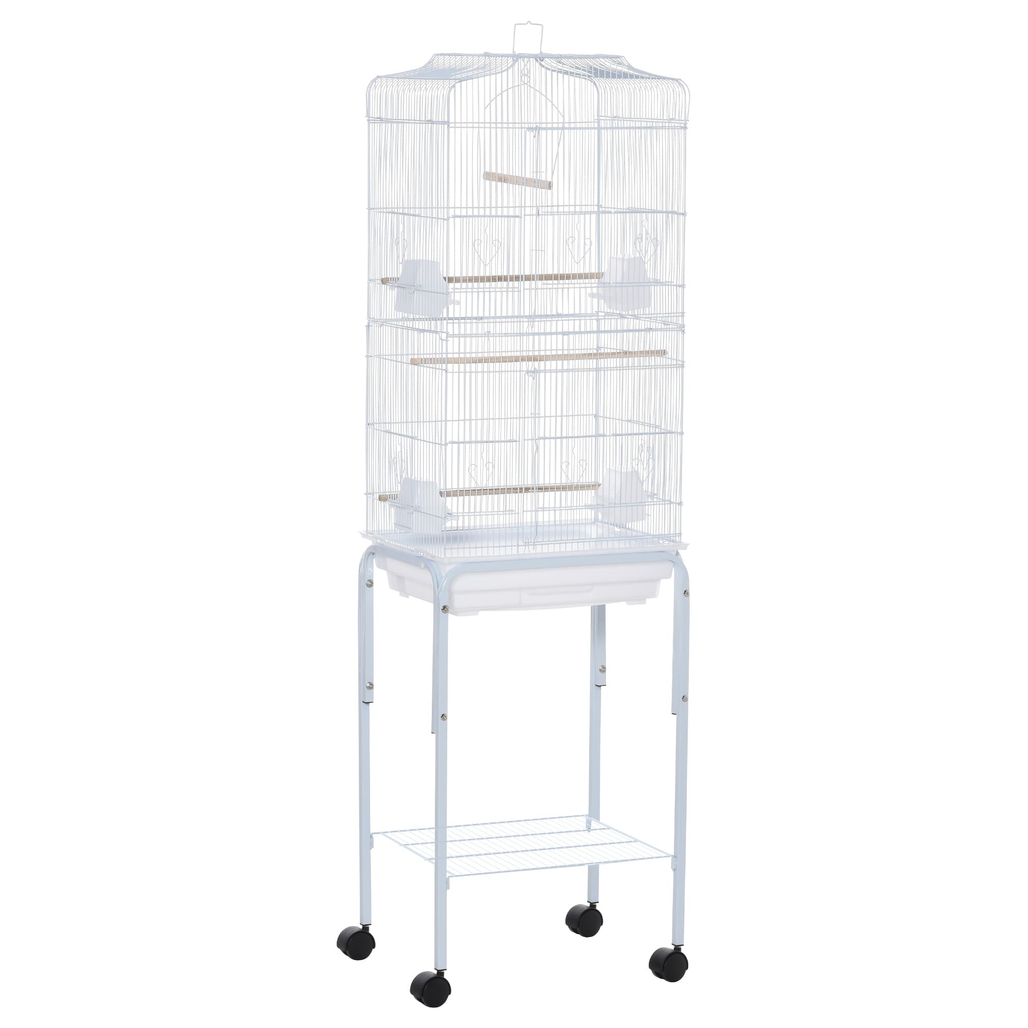 PawHut Metal Parrot Cage: Spacious Abode with Breeding Stand & Wheels, Snow White | Aosom UK