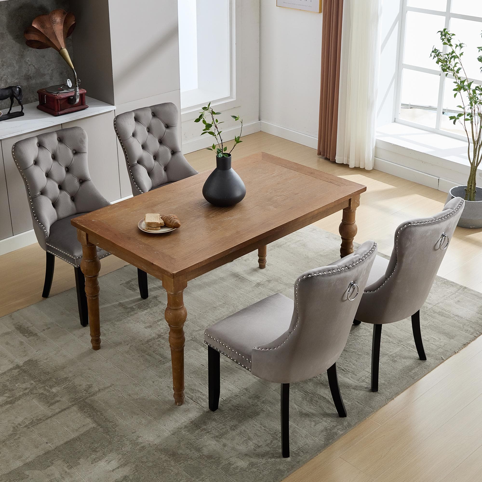 Set of 4 Velvet Dining Chairs with Button Tufted Backrest, Solid Rubber Wood Legs, Suitable for Dining Room, 50L x 64W x 96H cm, Grey | Aosom.UK