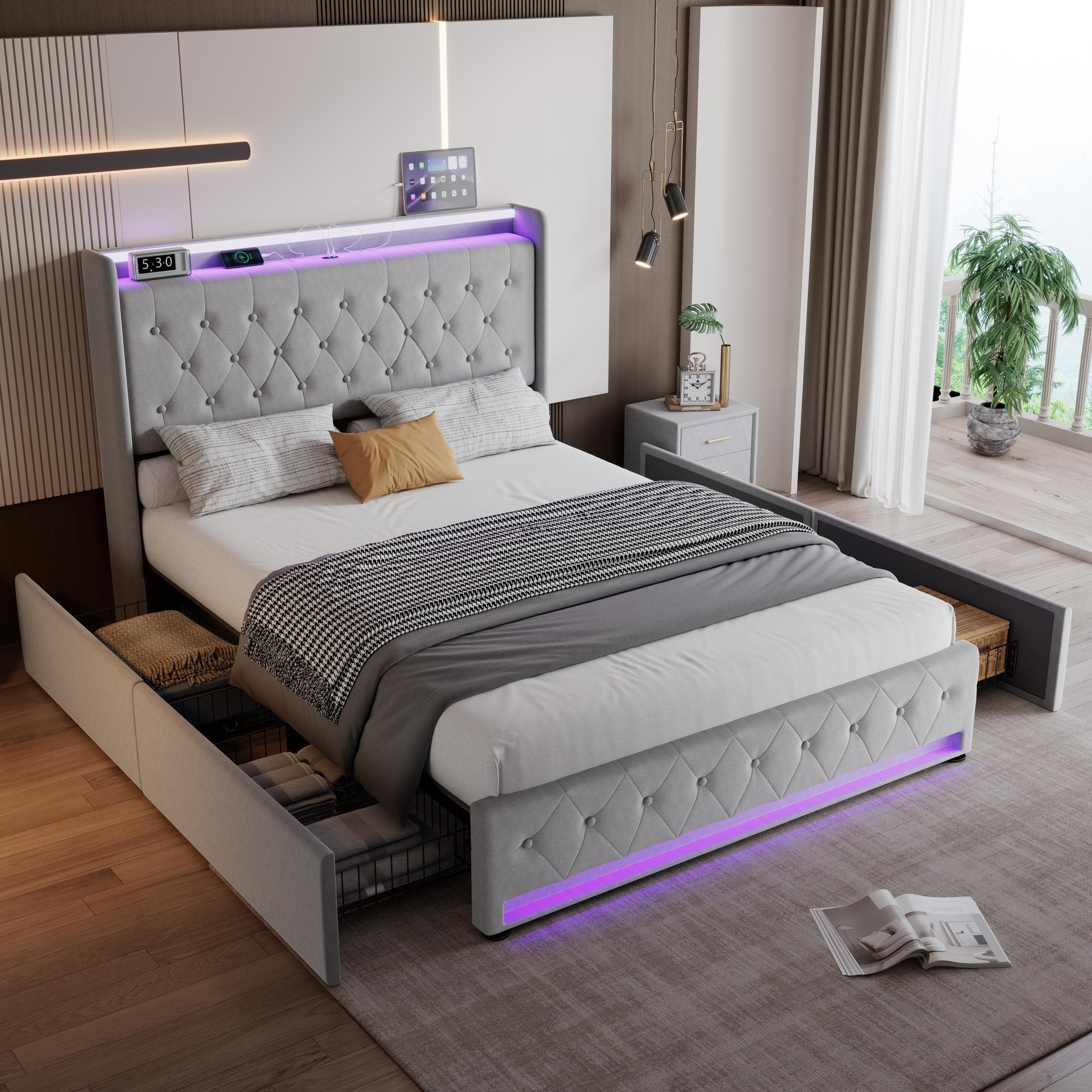 4ft6 Upholstered Double Bed with 4 Storage Drawers, Velvet Headboard, LED Light Strips, Suitable for Bedroom, 206L x 143W x 115H cm, Grey | Aosom.UK