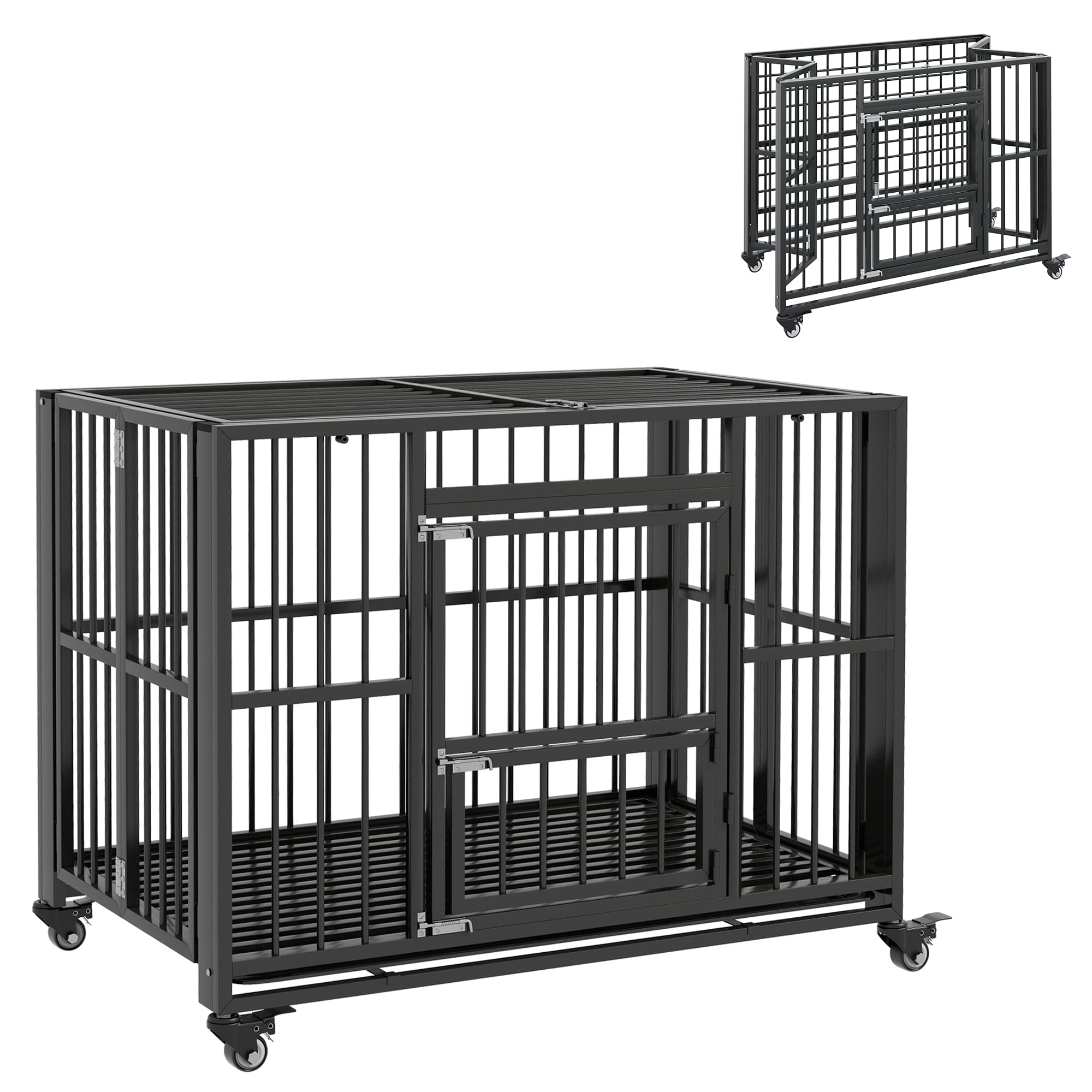 PawHut Durable Dog Crate, 43" Foldable Cage, Top Opening, Lockable, Removable Tray, Wheels, Black | Aosom UK