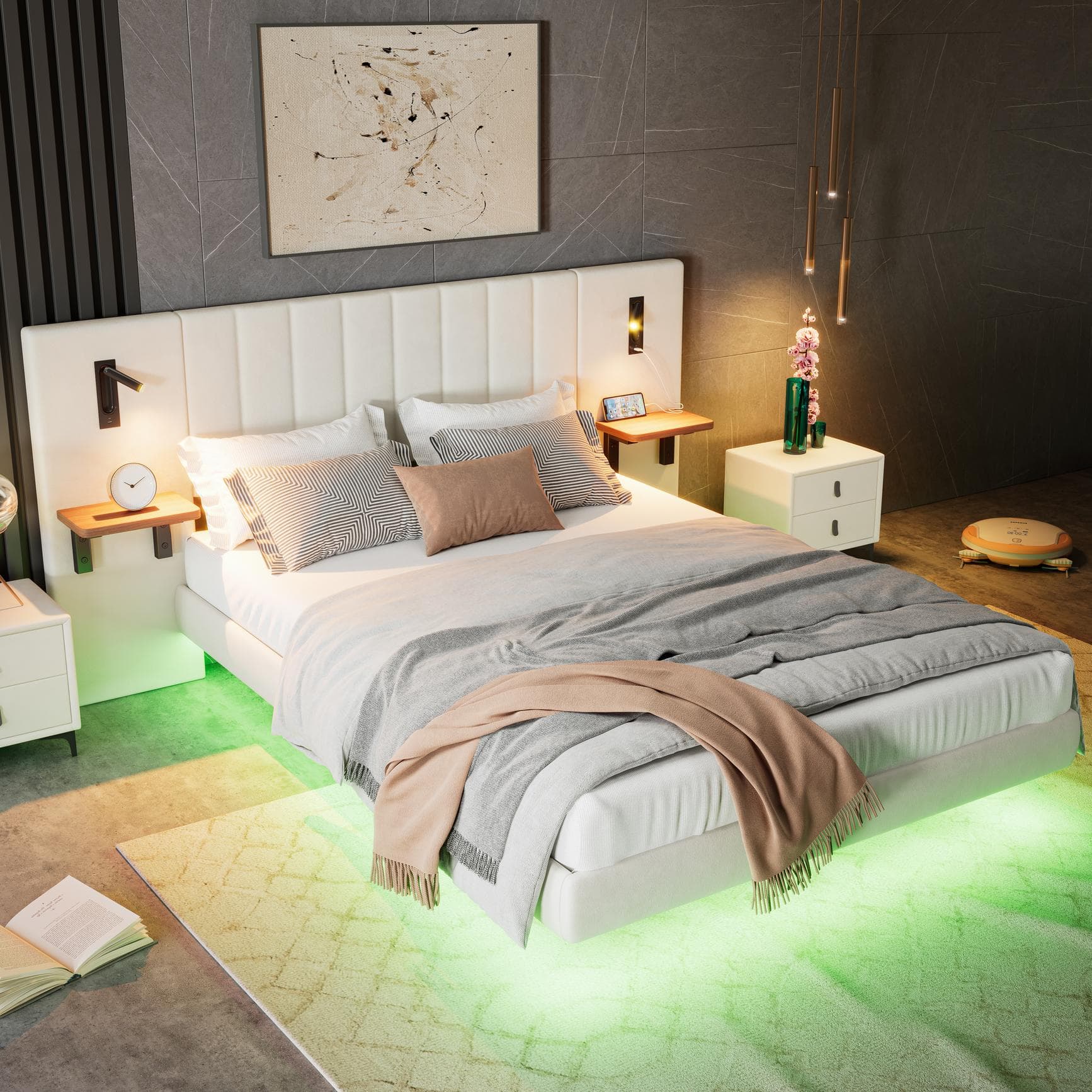 Upholstered Double Bed with Headboard, Charging Socket, Rotatable Bedside Lamps, Suitable for Bedroom, 222L x 209W x 103.5H cm, White | Aosom.UK