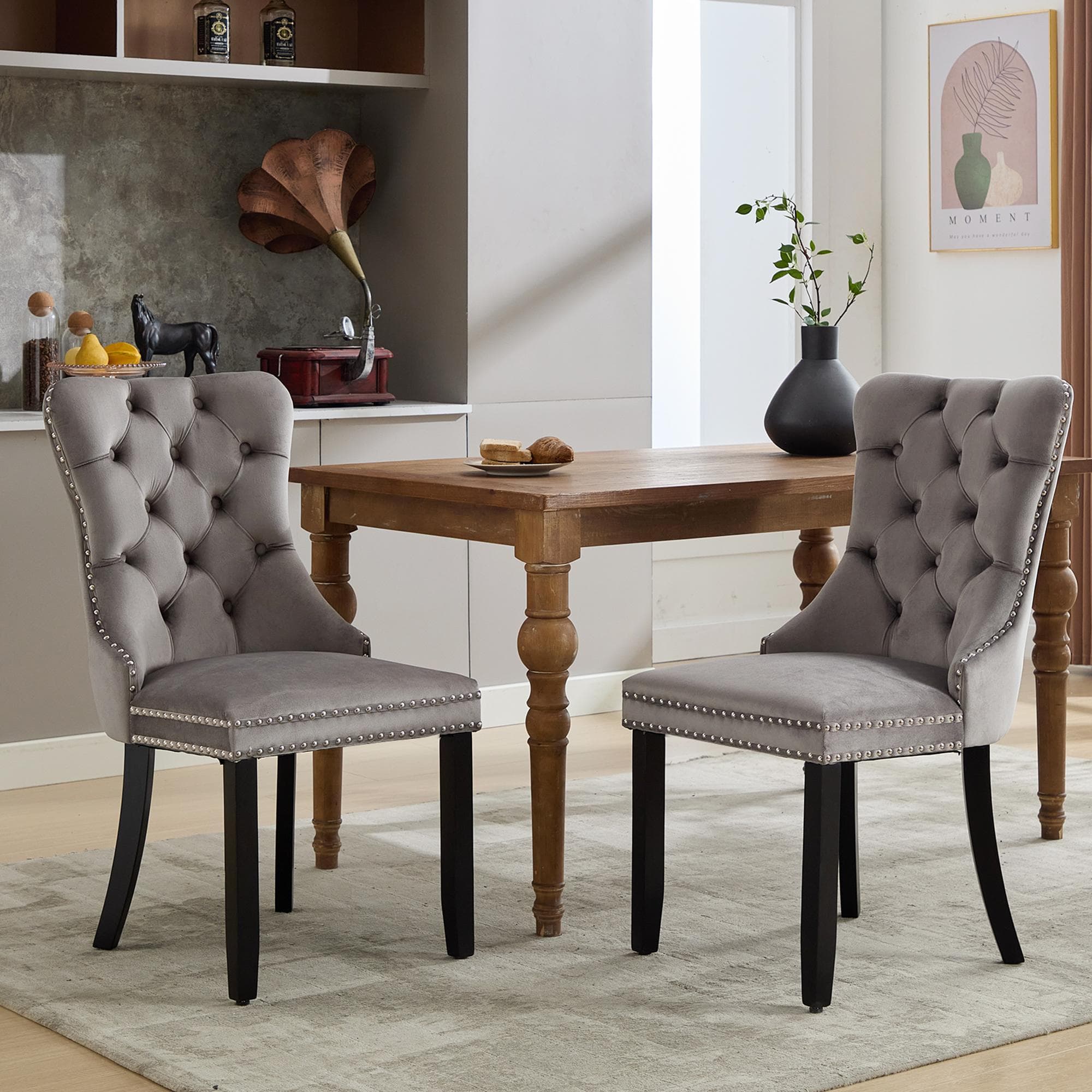 Set of 2 Velvet Dining Chairs with Knocker Ring, Button Tufted Backrest, Upholstered Chairs with Rubber Wood Legs, 50L x 64W x 96H cm, Grey | Aosom.UK
