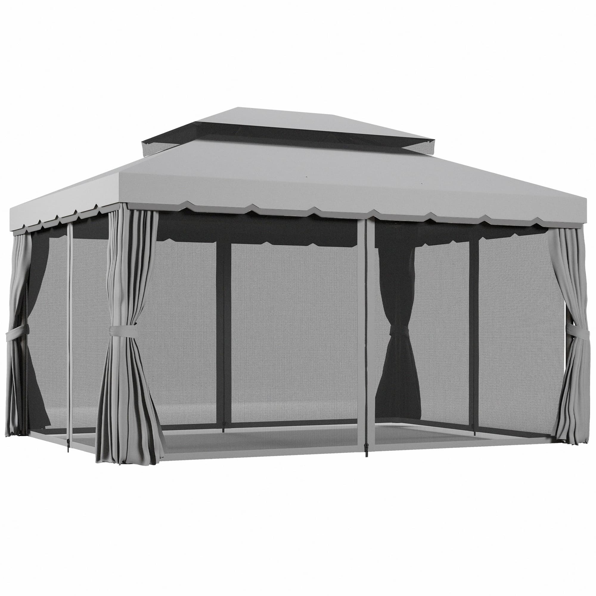 Outsunny 3 x 4m Retractable Roof Gazebo, Metal Garden Pergola with Canopy Shelter, Nets and Curtains for Garden and Deck, Light Grey | Aosom UK