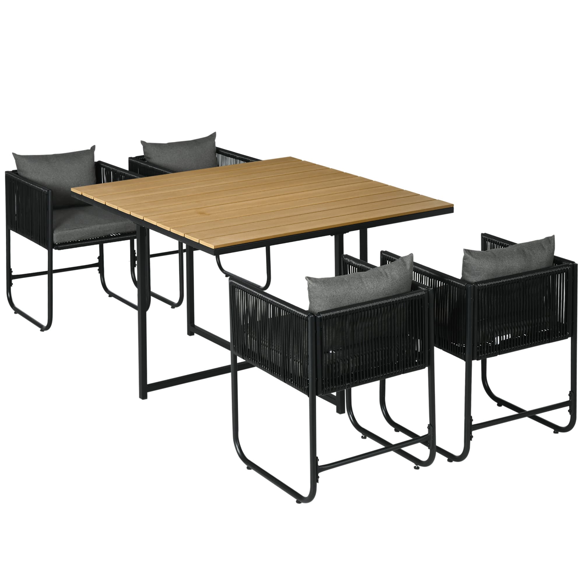 Outsunny Patio 5 PCs PE Rattan Dining Set, Garden Round Wicker 4-seater Rattan Cube Dining Sets, w/ Wood Grain Plastic Top, Space-saving Design Black