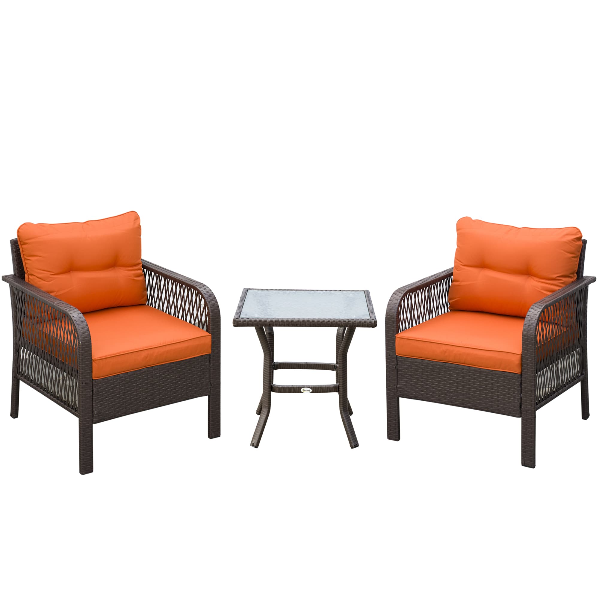 Outsunny 3 Pieces Patio PE Rattan Bistro Set, Outdoor Wicker Coffee Table Armrest Chairs Thick Padded Conversation Furniture for Garden Orange