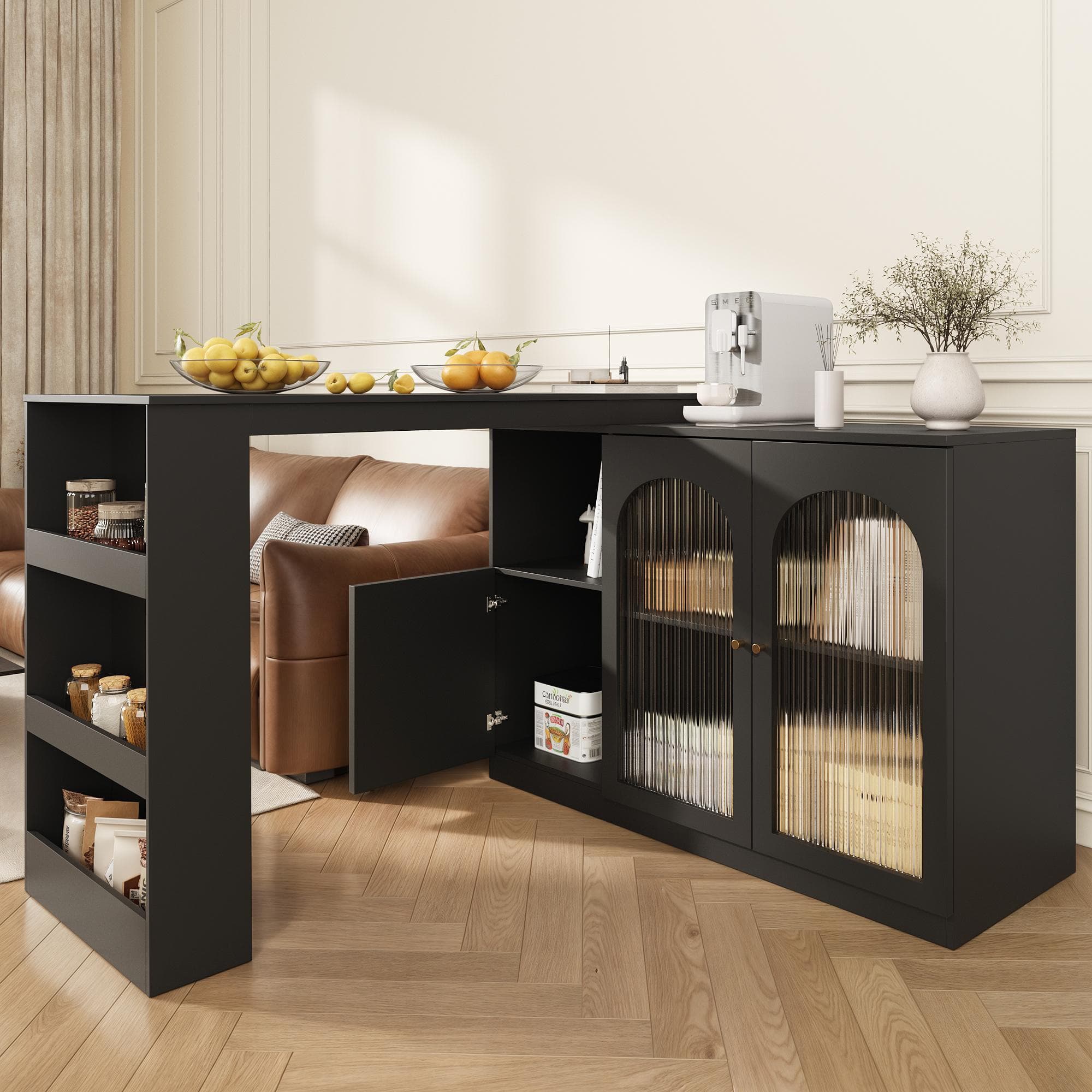 360° Rotating Kitchen Bar Table with Versatile Storage, Metal Handles, Dining Bar Cabinet with Glass Doors, 120L x 120W x 97H cm, Black | Aosom.UK
