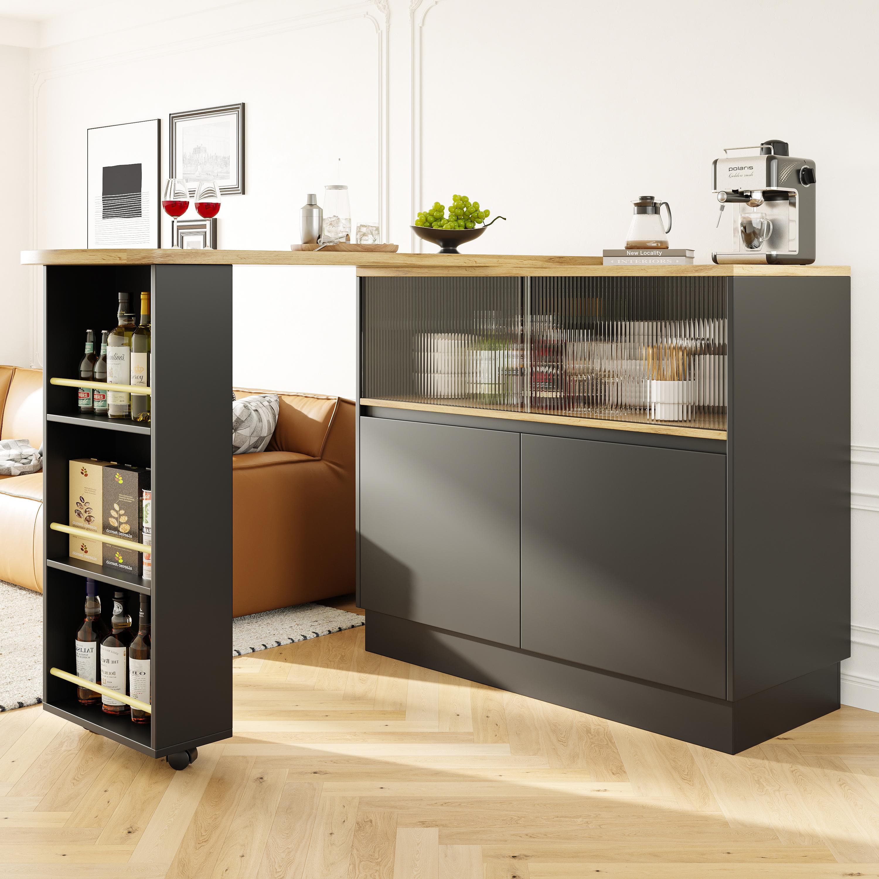 360° Rotating Bar Cabinet Table, Sliding Glass Doors, Open Shelves, Space-Saving Drinks Station for Dining Room, 90x120x100 cm, Black | Aosom UK