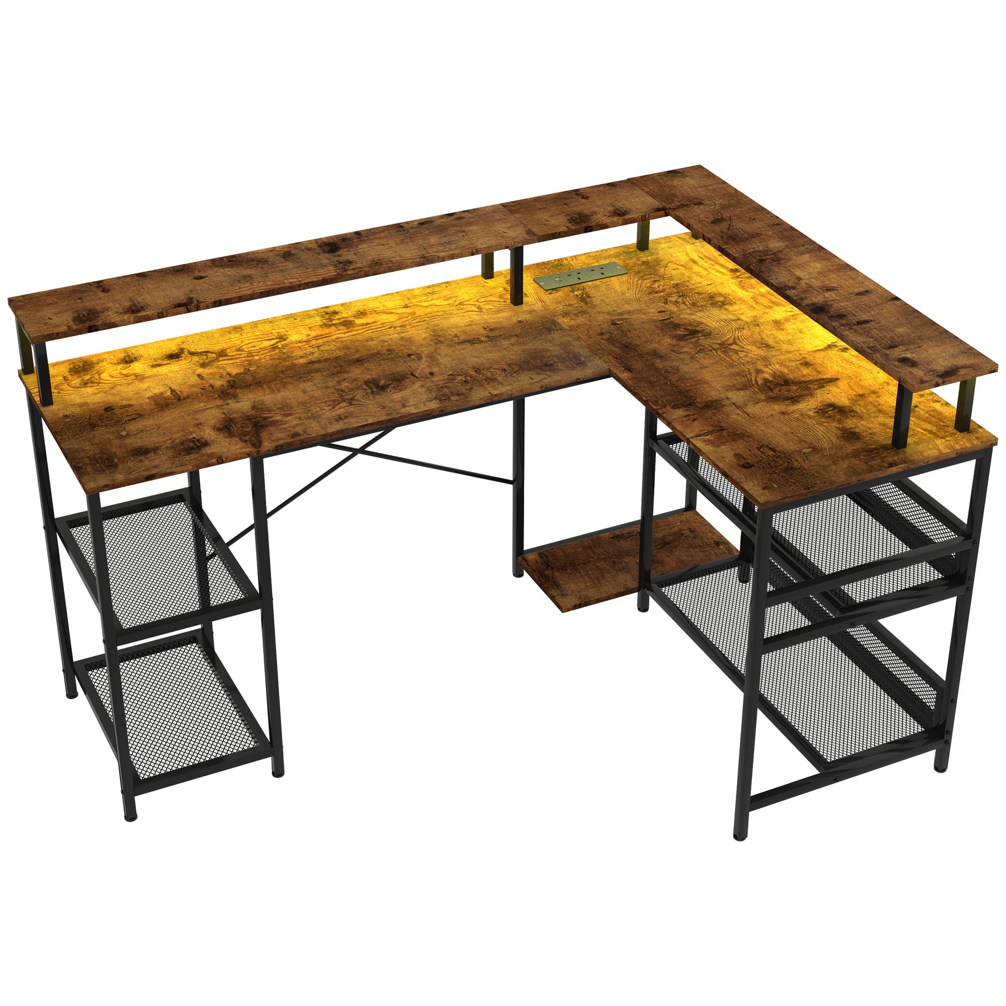 HOMCOM L Shaped Gaming Desk with LED Lights and Power Outlets, 150cm Corner Computer Desk with Monitor Stand and Storage Shelves, Rustic Brown