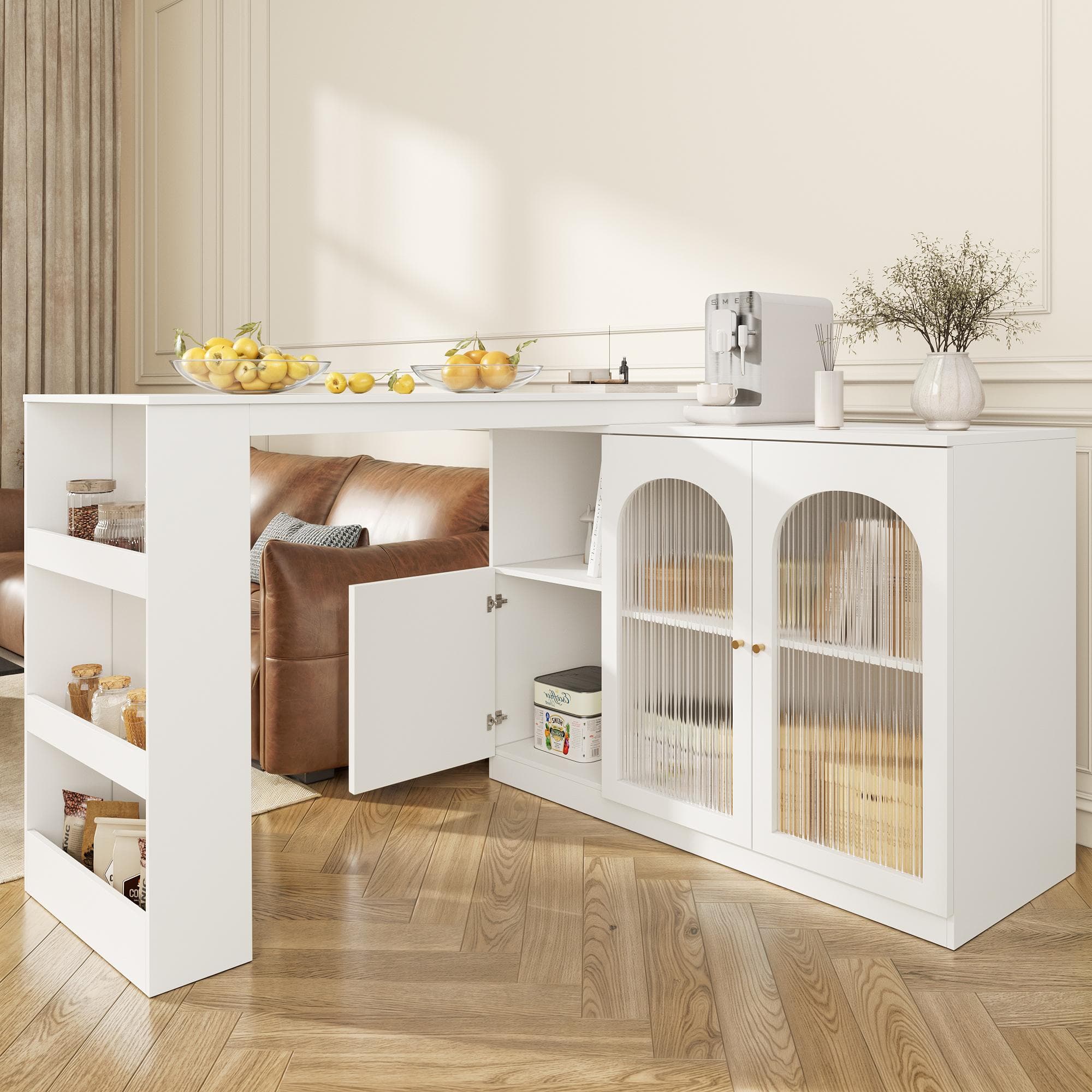 360° Rotating Kitchen Bar Table with Glass Doors, Metal Handles, Multifunctional Cabinet with Open Shelves, 120L x 120W x 97H cm, White | Aosom.UK