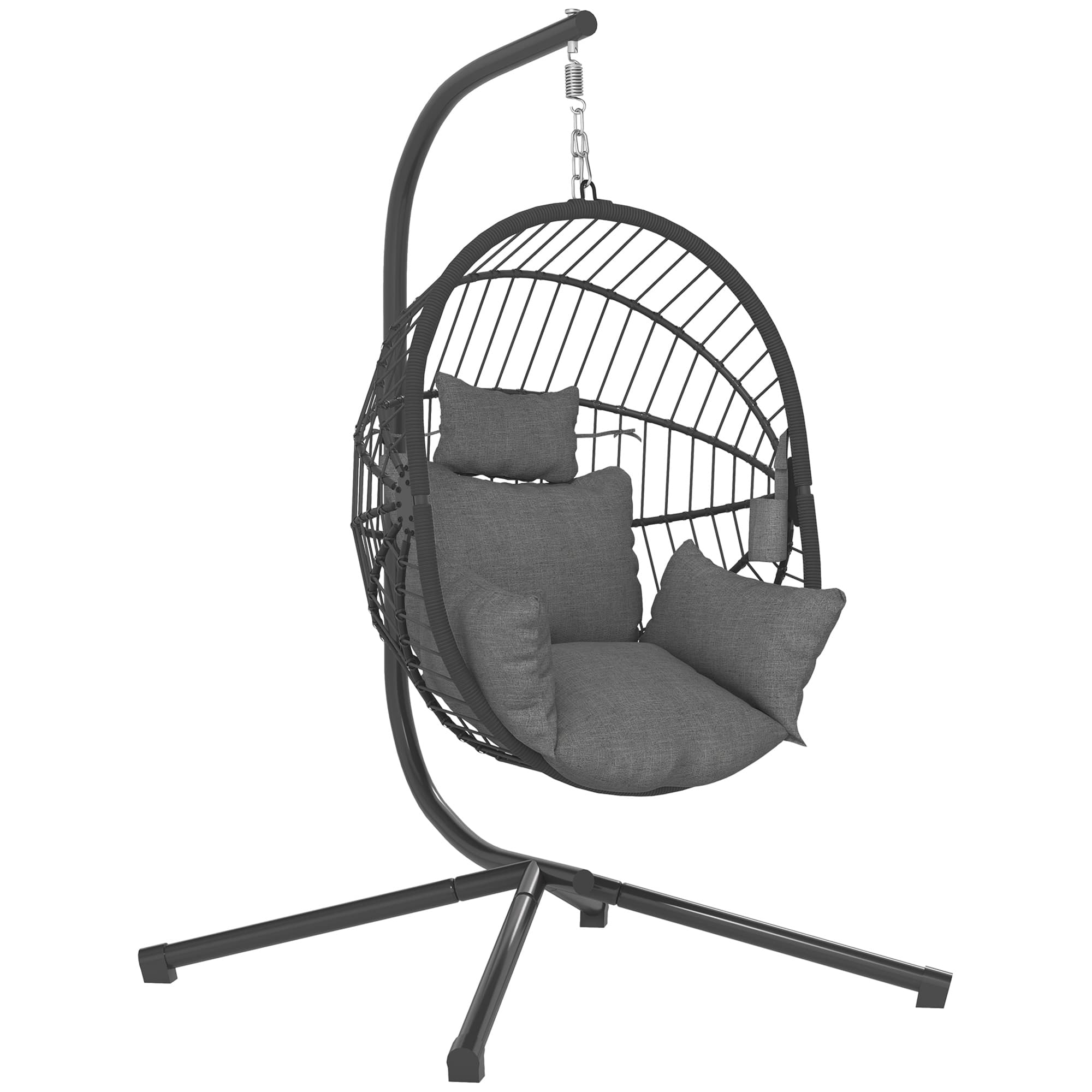 Outsunny Outdoor Swing Chair with Thick Padded Cushion, Patio Hanging Chair with Metal Stand, Foldable Basket, Cup Holder, Rope Structure thumbnail 2