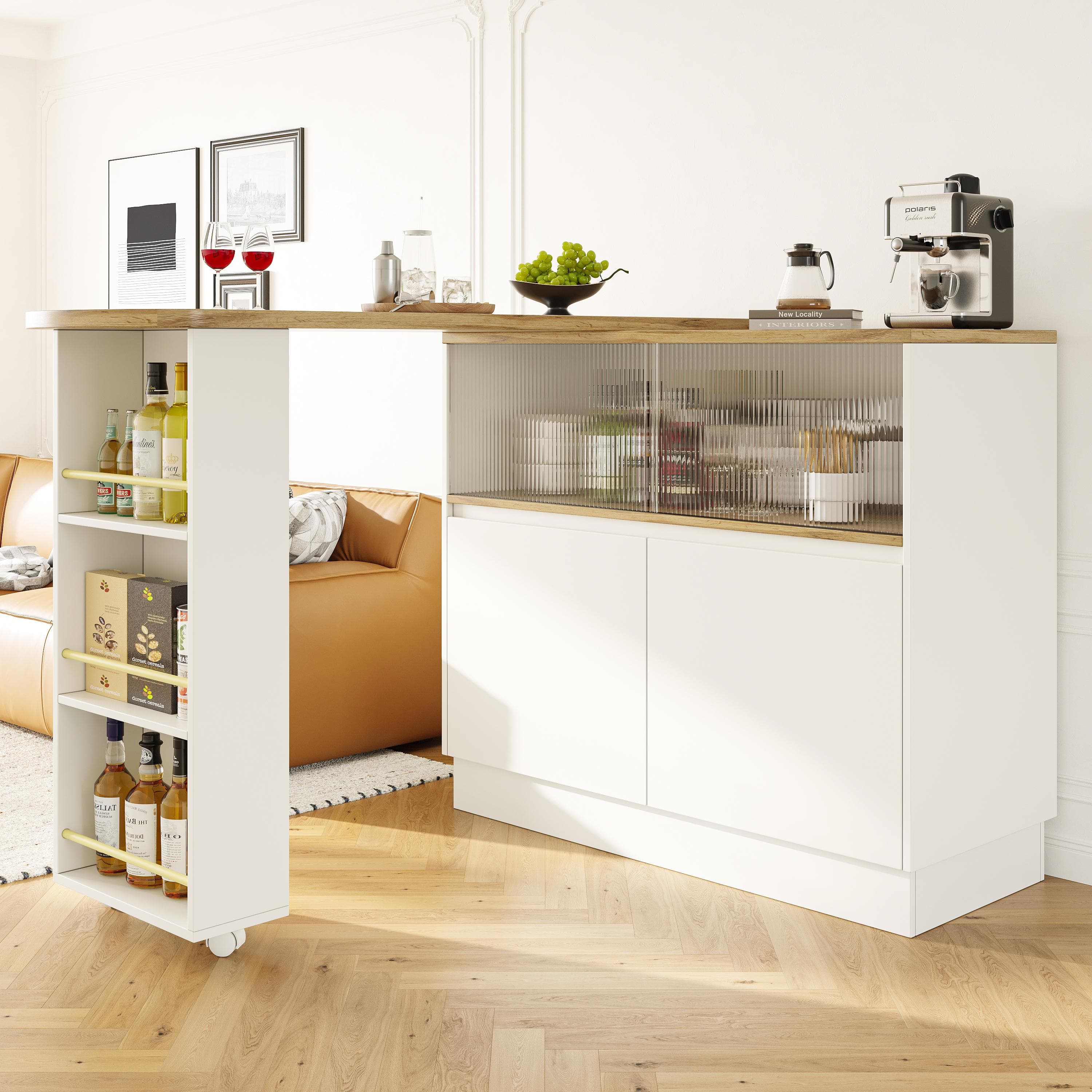 360° Rotating Bar Cabinet Table, Sliding Glass Doors, Open Shelves, Space-Saving Drinks Station for Dining Room, 90x120x100 cm, White | Aosom UK
