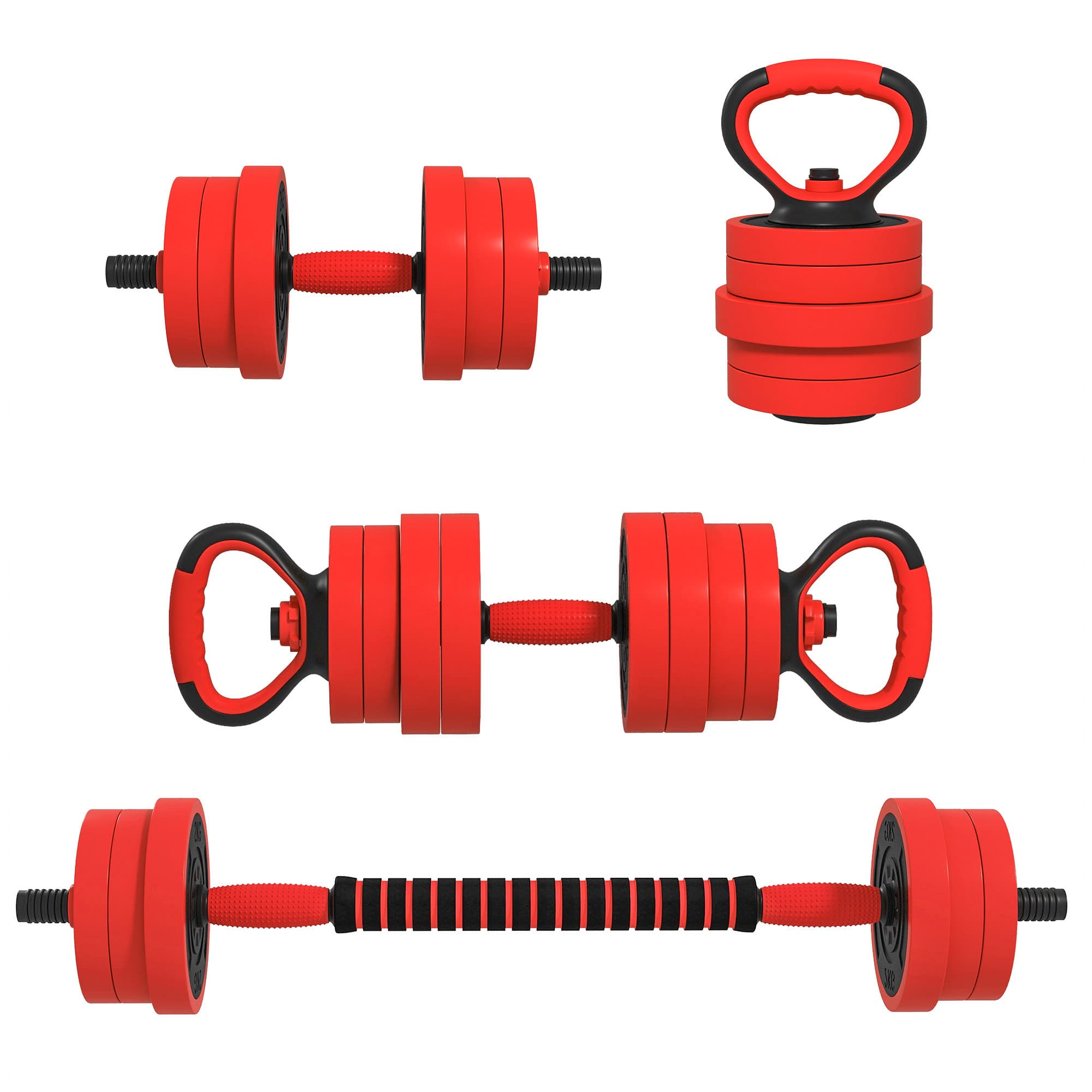 SPORTNOW 20kg Four-In-One Adjustable Weight Dumbbells Set, Barbell, Kettlebell, Push Up Stand - Red | Aosom UK