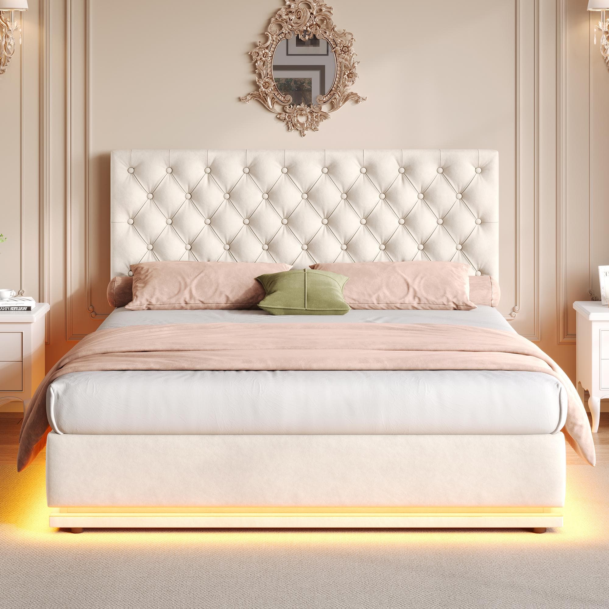 Ottoman Double Bed with Adjustable Headboard, LED Lighting, Upholstered Bed Frame with Hydraulic Storage, 195L x 142W x 102-112H cm, Beige | Aosom.UK