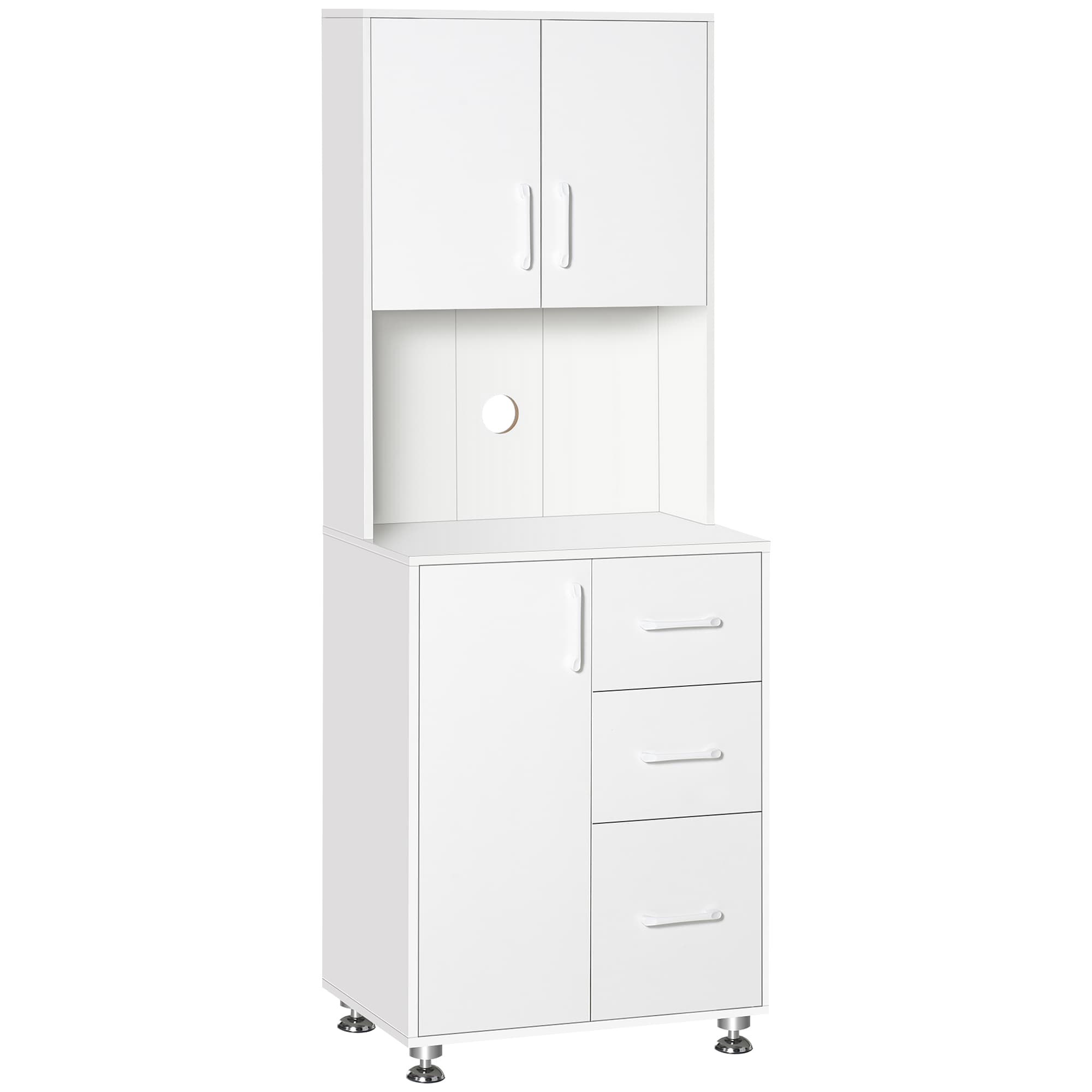 HOMCOM Modern Larder Cupboard with Storage Cabinets, Kitchen Cupboard with 3 Drawers and Open Countertop for Living Room, White | Aosom UK