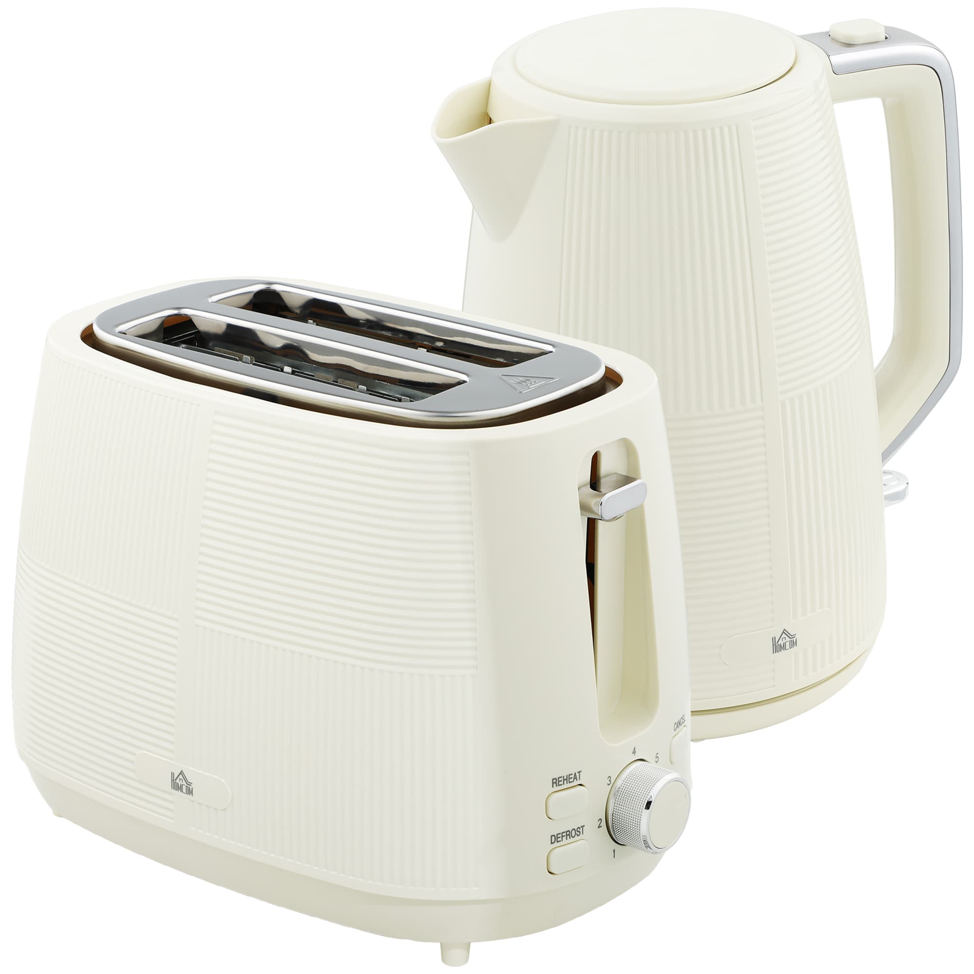 HOMCOM Kettle and Toaster Set, 1.7L 3000W Fast Boil Kettle & 2 Slice Toaster Kitchen Set with 7 Level Browning Controls, Cream White