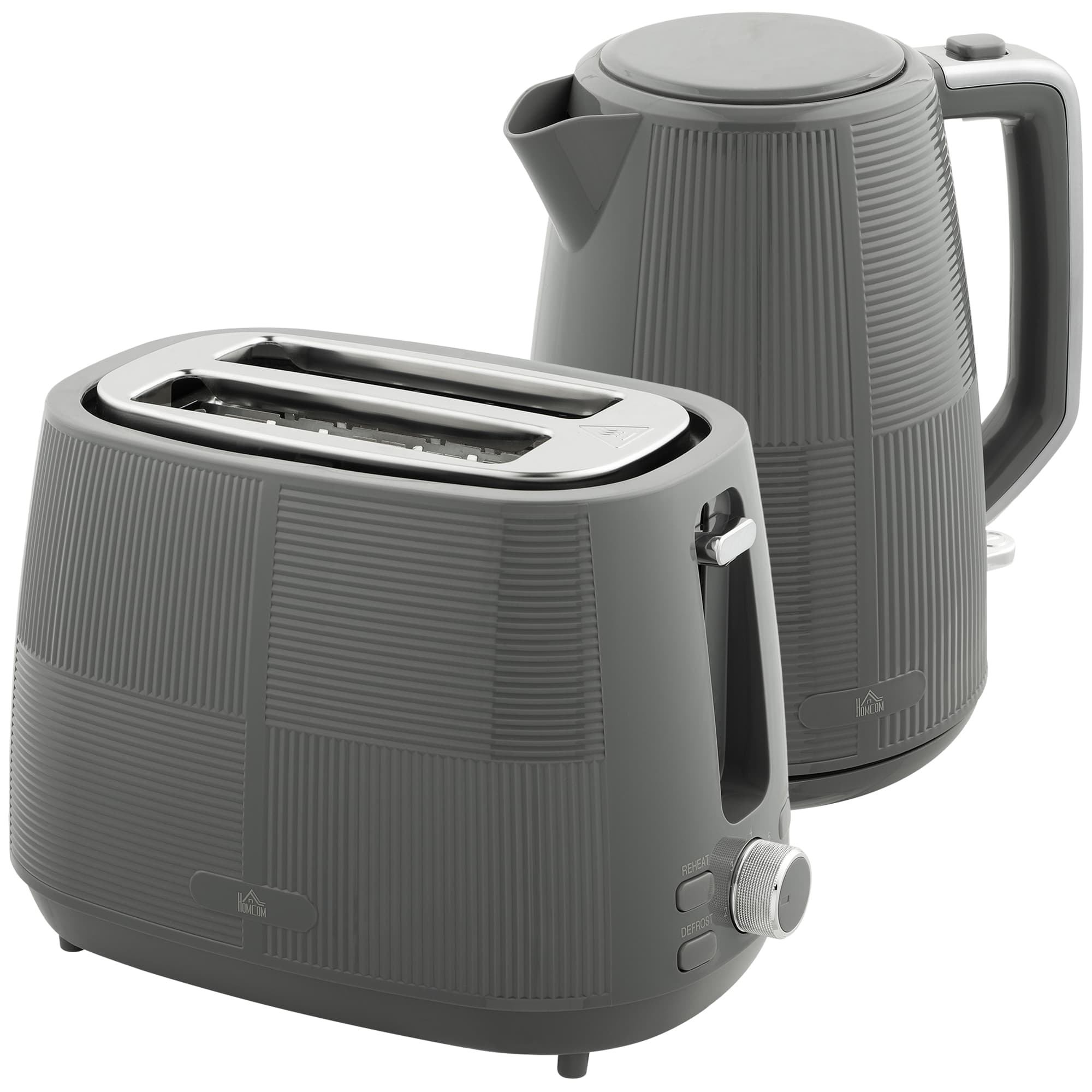 HOMCOM Kettle and Toaster Set, 1.7L 3000W Fast Boil Kettle & 2 Slice Toaster Kitchen Set with Defrost, Reheat, Boil-dry Protection, Grey