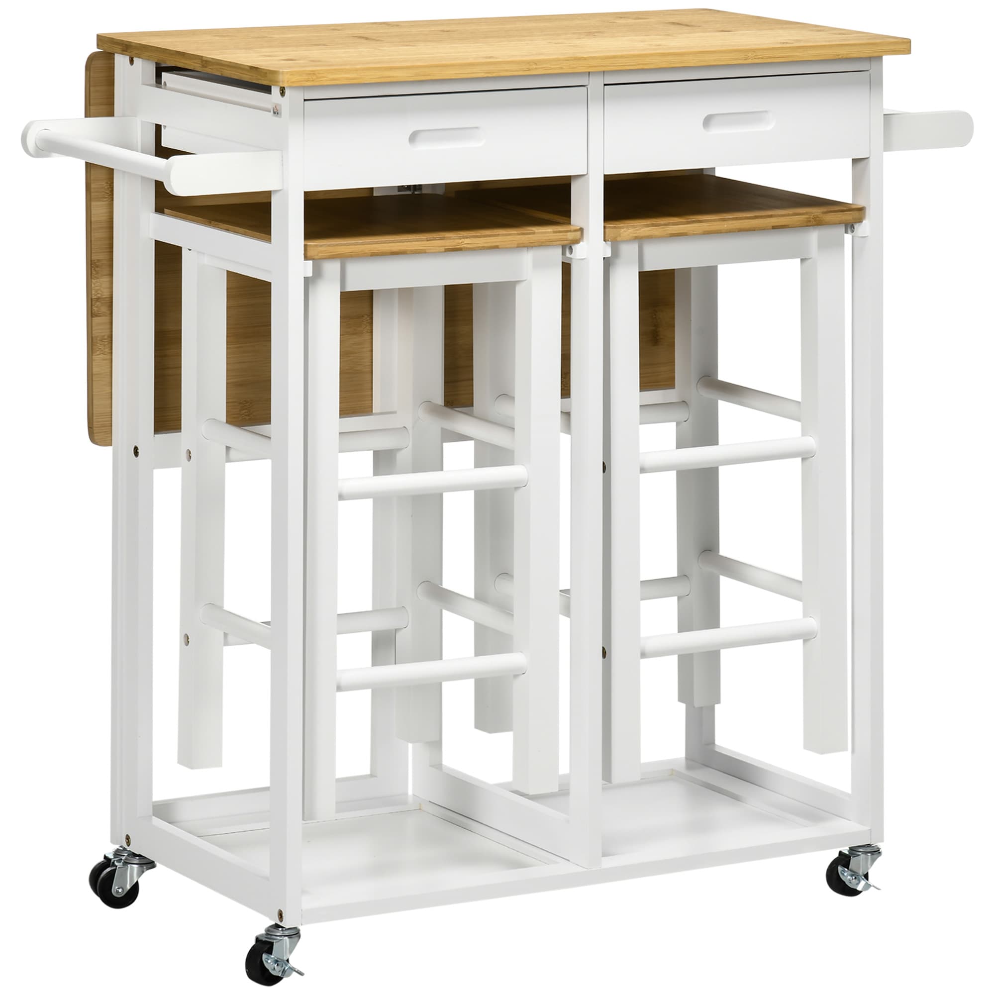 HOMCOM Kitchen Island Set with 2 Stools, Bamboo Breakfast Cart with Drop Leaf Top, Drawers & Towel Rack, Kitchen Cart and Chairs, White | Aosom UK