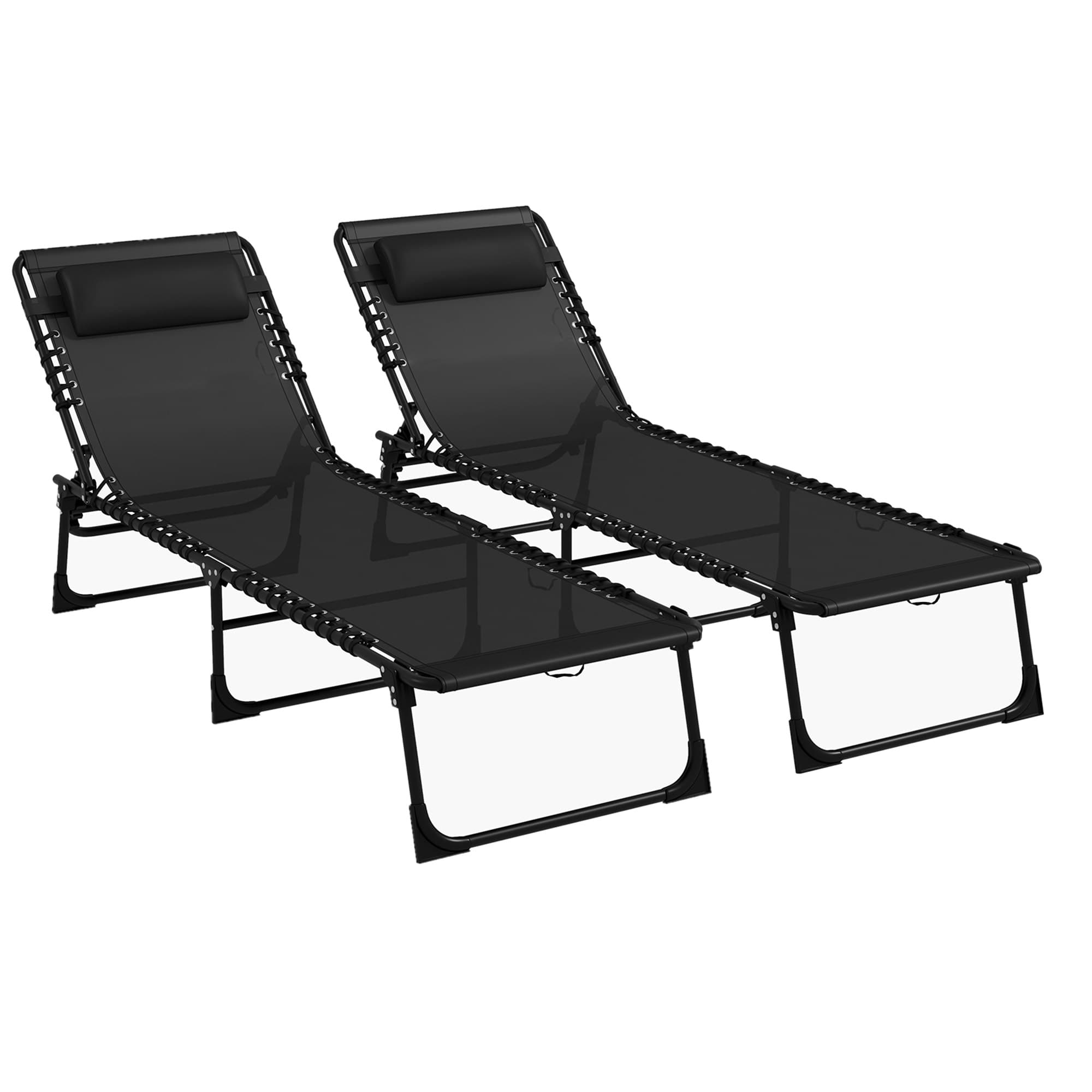 Outsunny Folding Sun Loungers, Pair of Beach Chaise Chairs, 4-Position Adjustable, Portable for Camping, Black